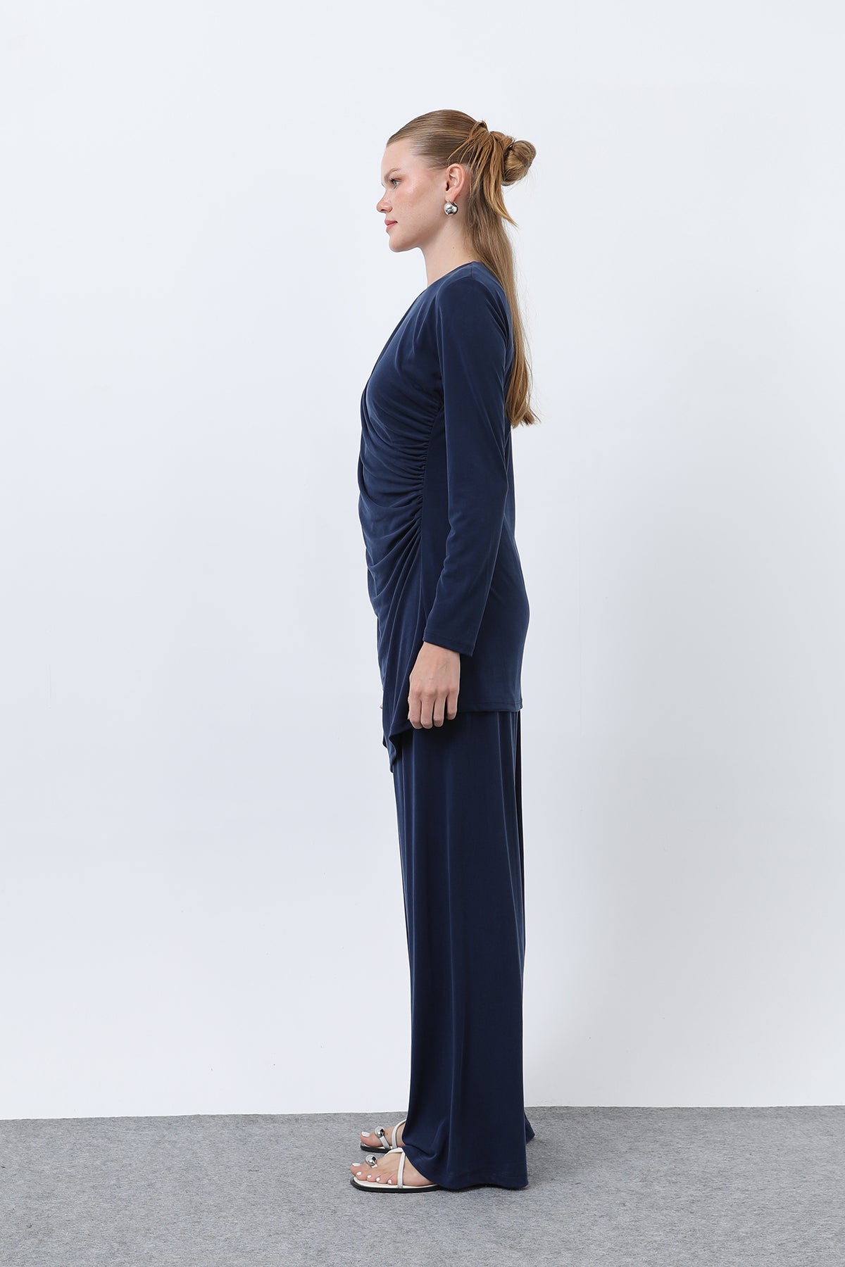 Kadın Drape Detaylı Pantolonlu Takım - 14349TKS NAVY