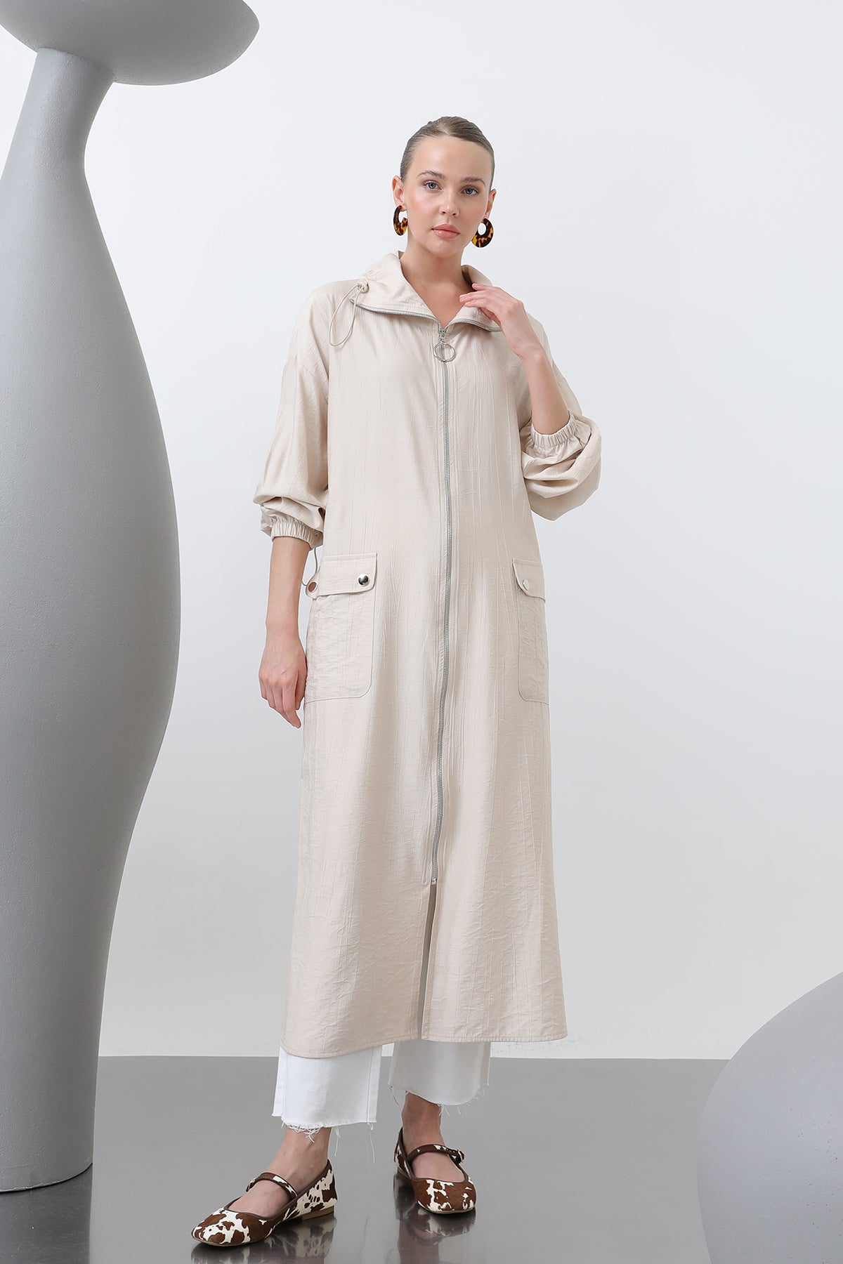 Kadın Geniş Yakalı Cep Detaylı Fermuarlı Kap - 15202HRK BEIGE