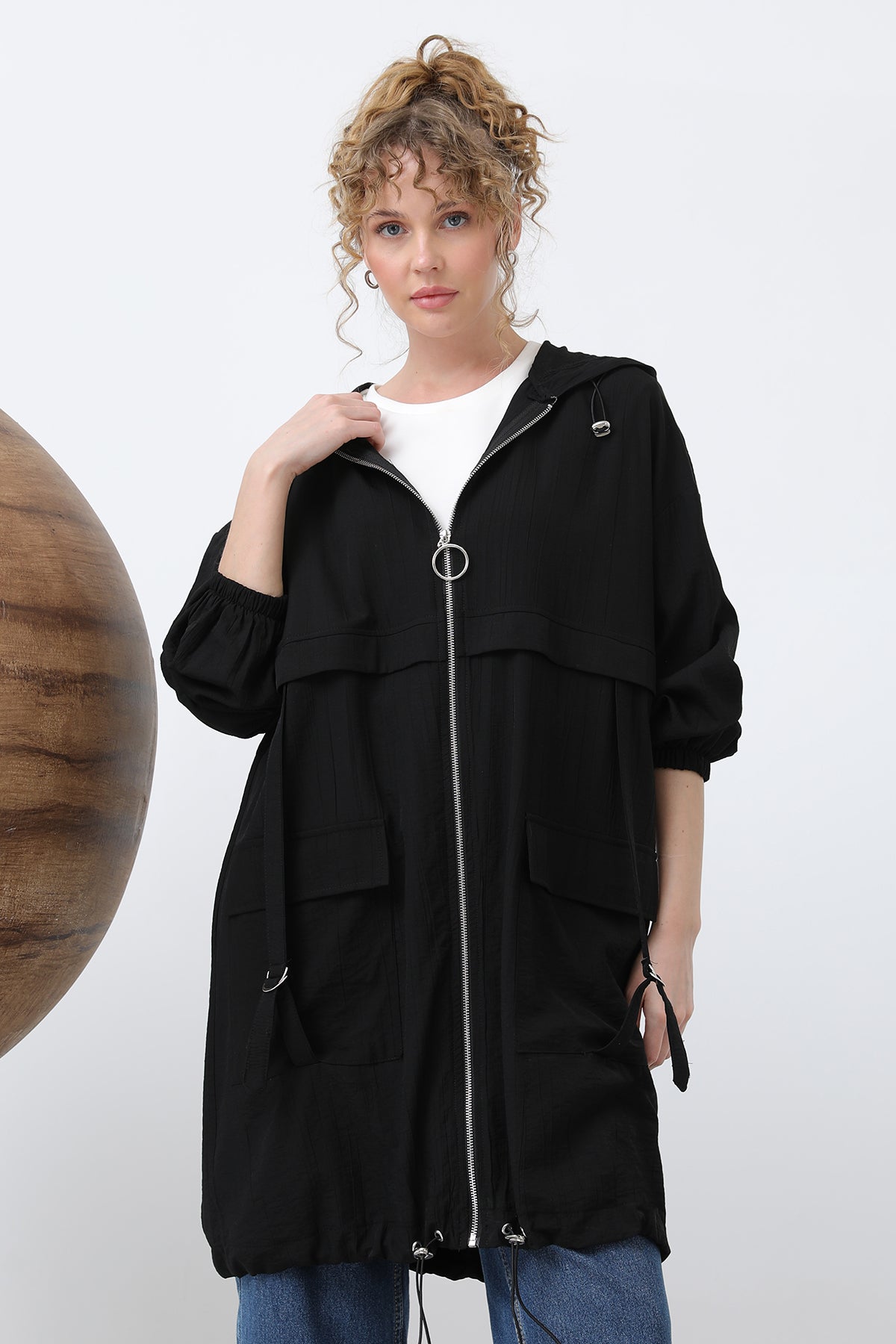 Kadın Fermuar Ve Cep Detaylı Kapüşonlu Tunik - 15203TUN BLACK