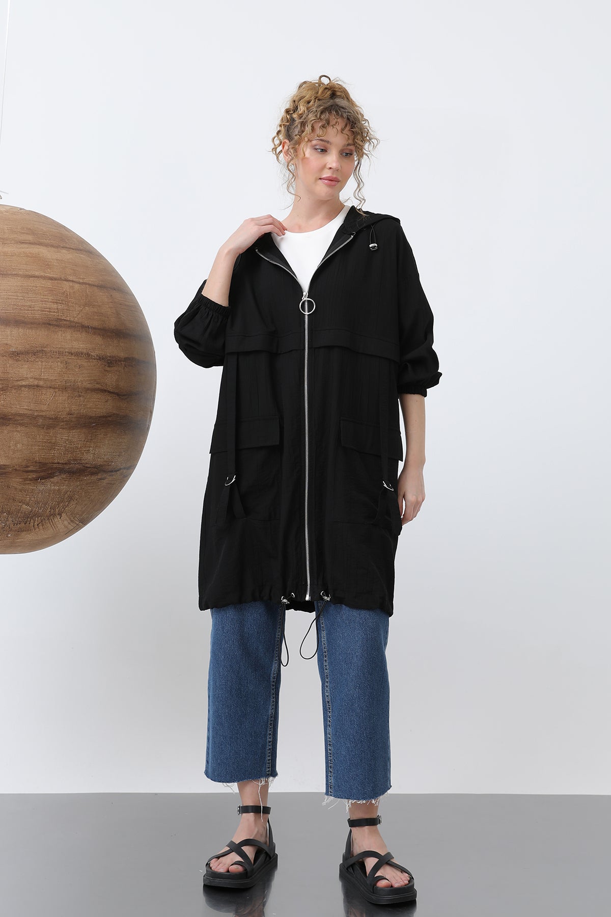 Kadın Fermuar Ve Cep Detaylı Kapüşonlu Tunik - 15203TUN BLACK