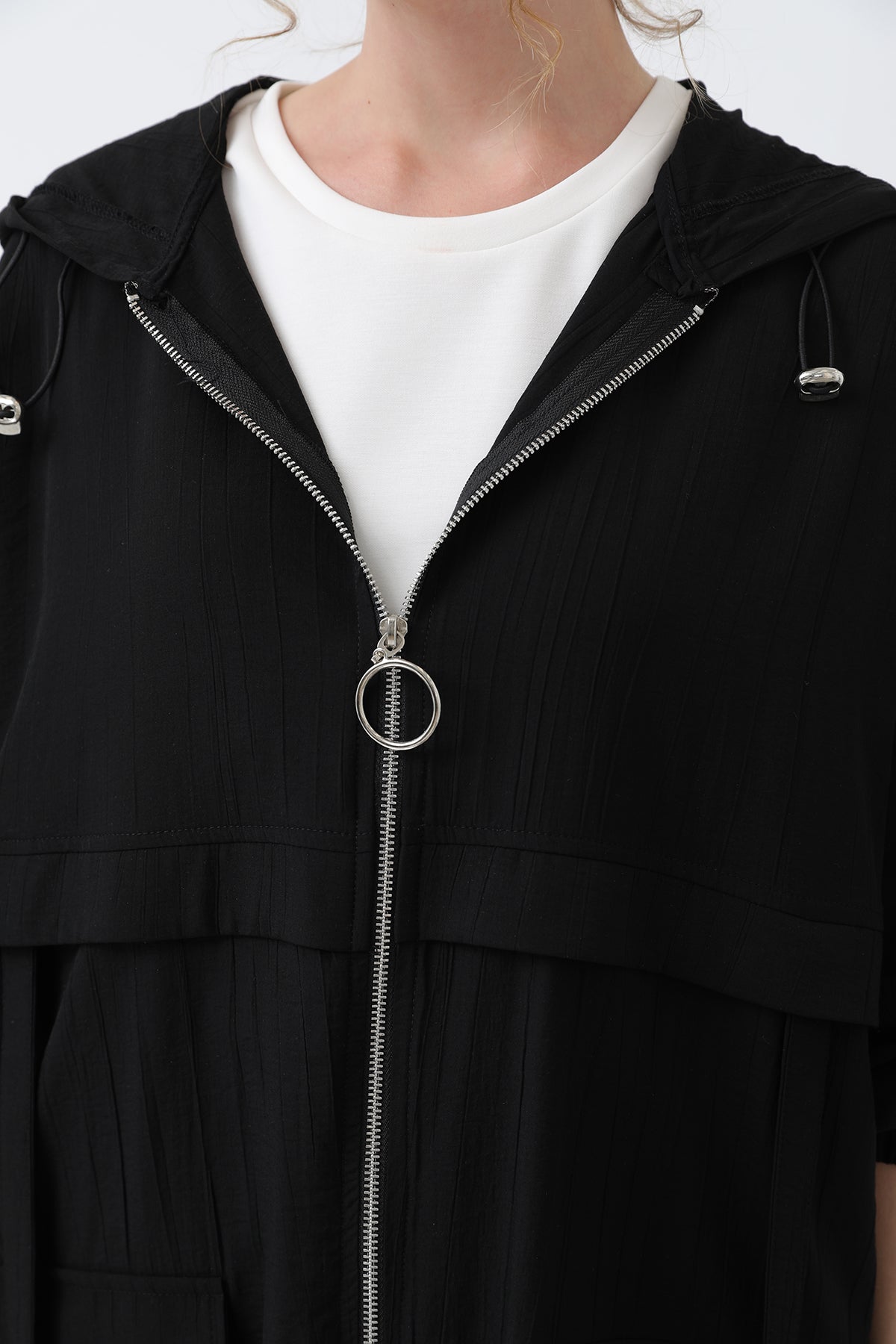 Kadın Fermuar Ve Cep Detaylı Kapüşonlu Tunik - 15203TUN BLACK
