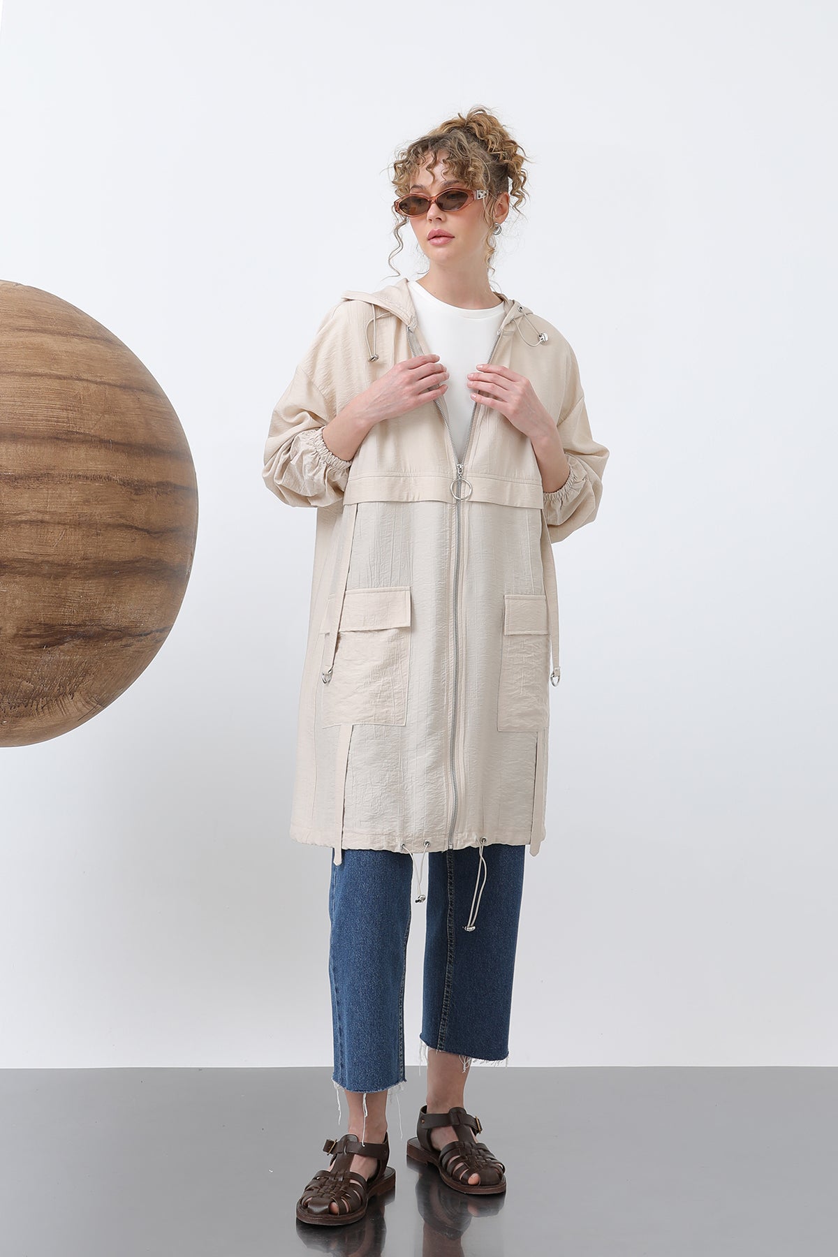 Kadın Fermuar Ve Cep Detaylı Kapüşonlu Tunik - 15203TUN BEIGE
