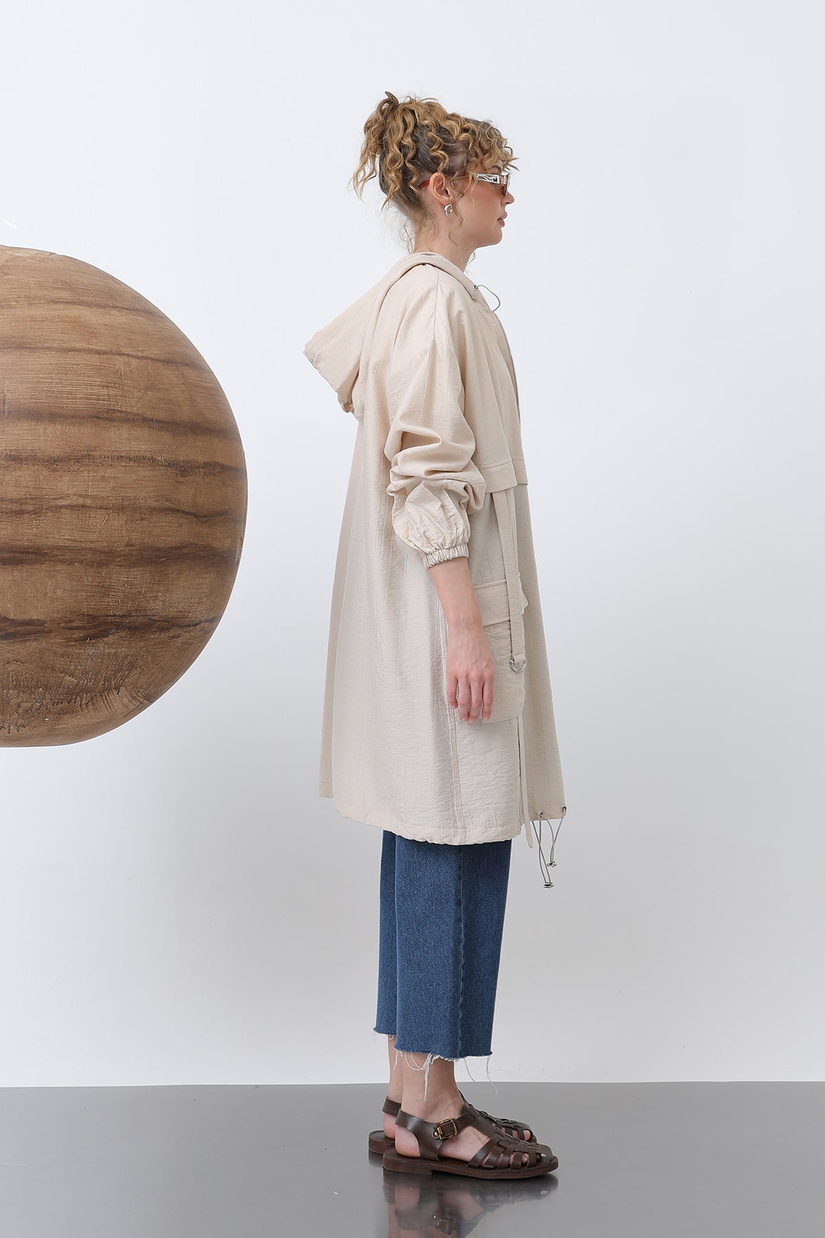 Kadın Fermuar Ve Cep Detaylı Kapüşonlu Tunik - 15203TUN BEIGE