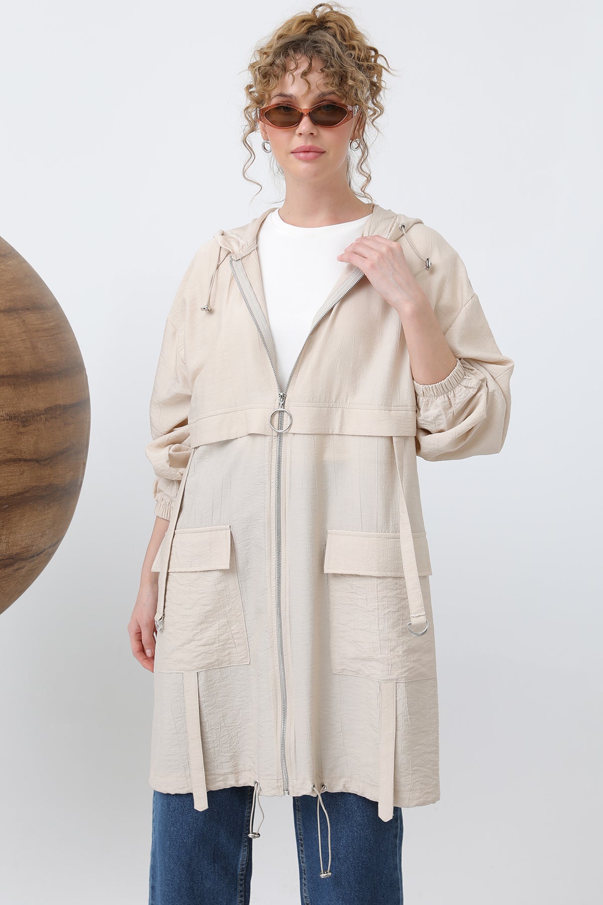 Kadın Fermuar Ve Cep Detaylı Kapüşonlu Tunik - 15203TUN BEIGE