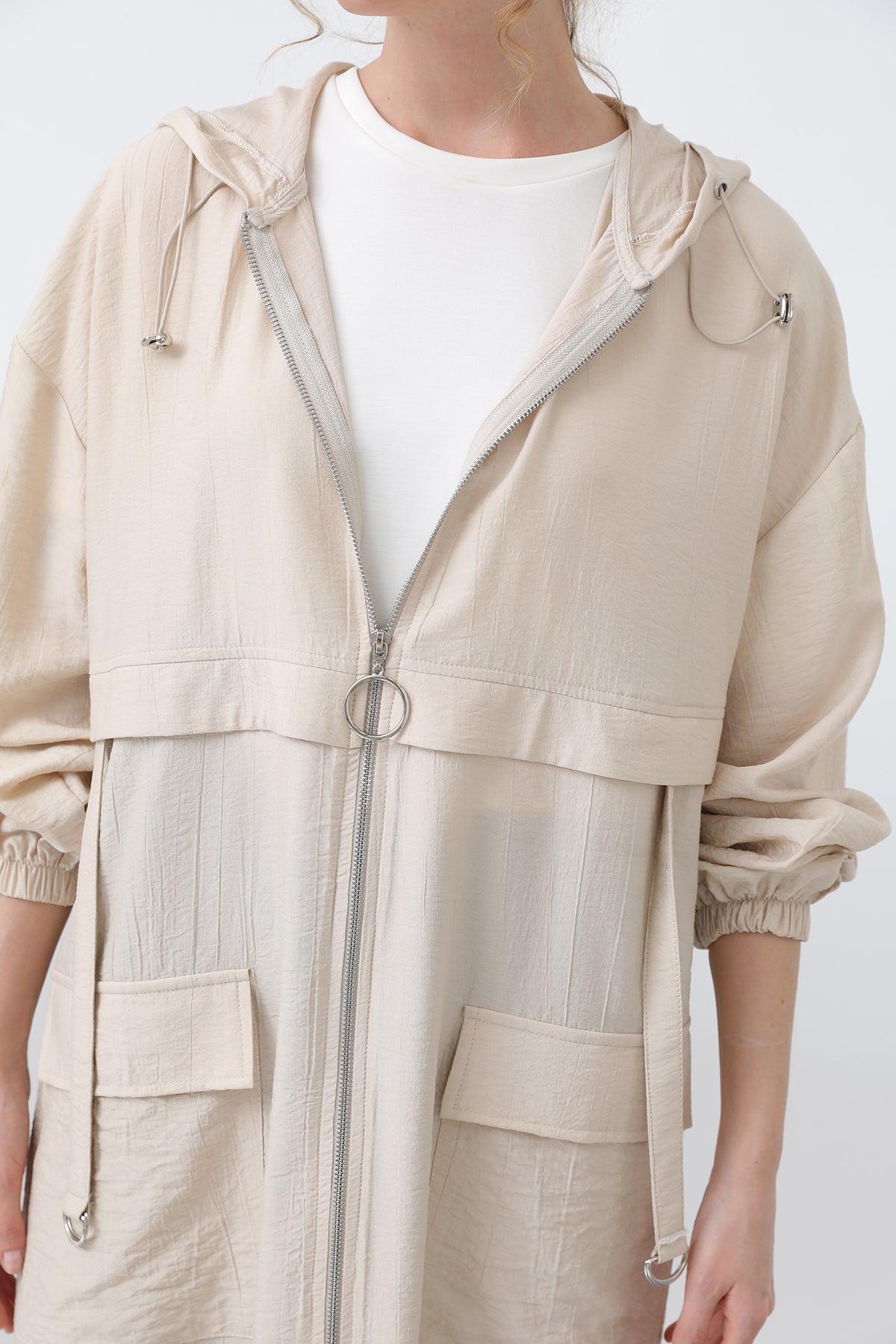 Kadın Fermuar Ve Cep Detaylı Kapüşonlu Tunik - 15203TUN BEIGE