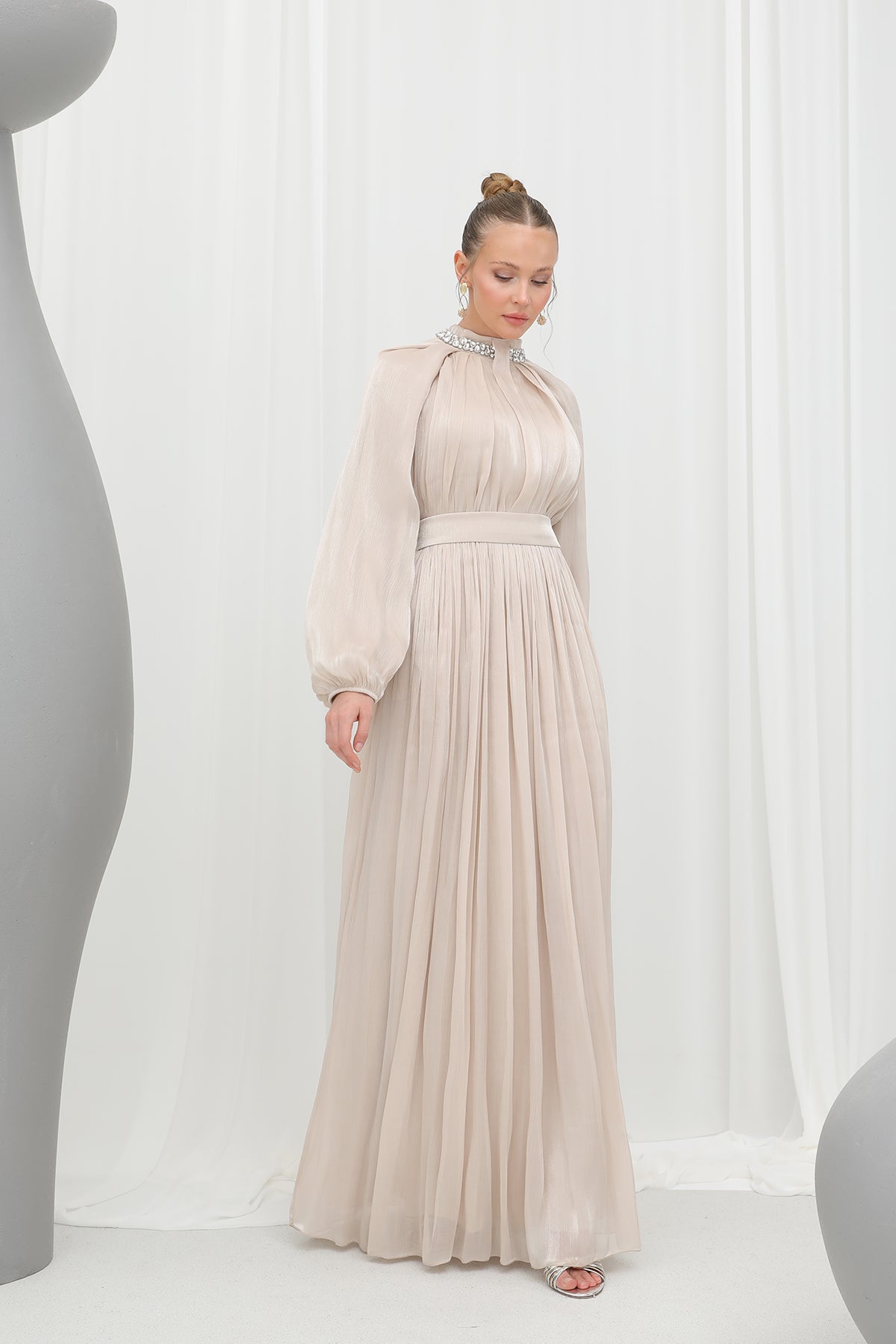 Kadın Taş Detaylı Şifon Abiye Elbise -17001ELB BEIGE