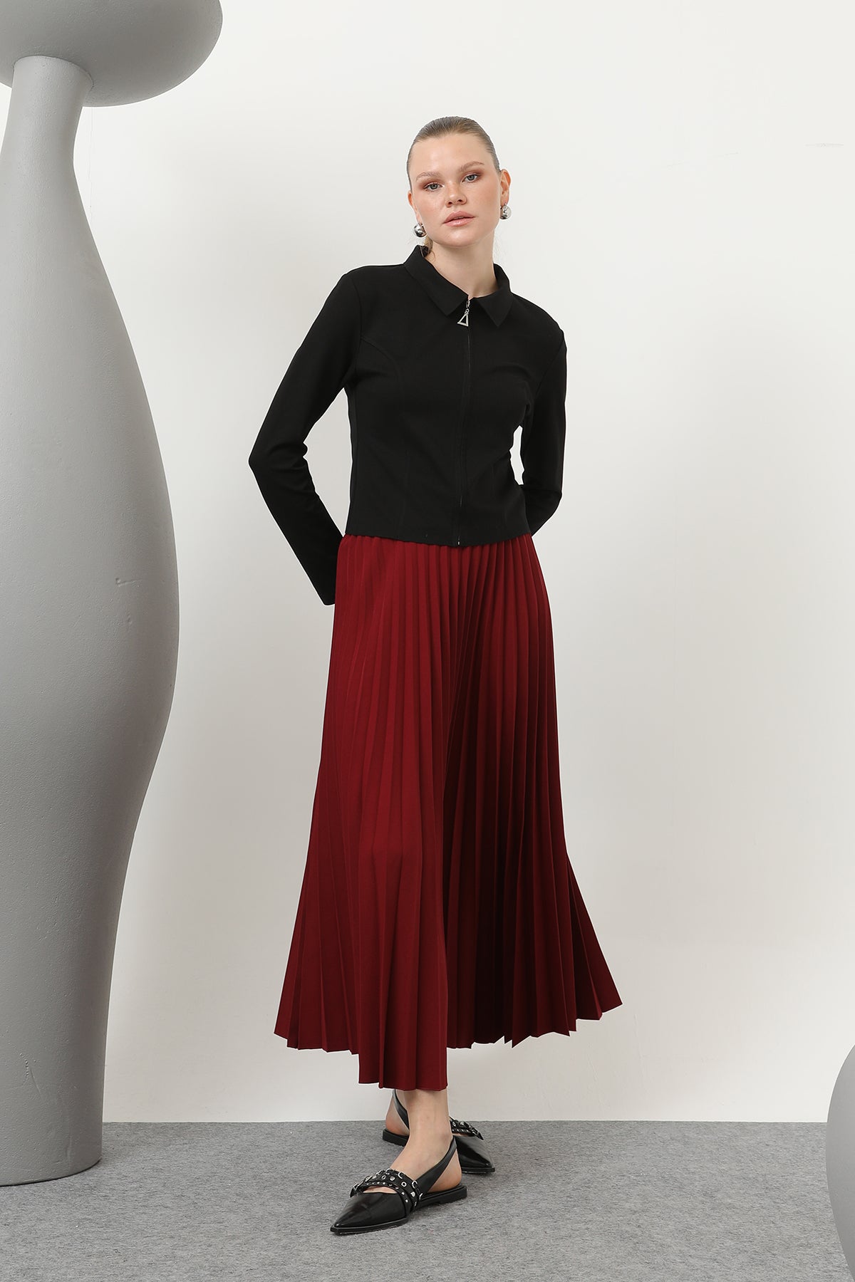 Kadın Pliseli Etek - 18232RTK BURGUNDY