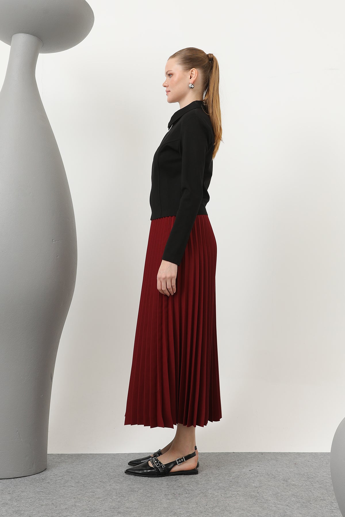 Kadın Pliseli Etek - 18232RTK BURGUNDY