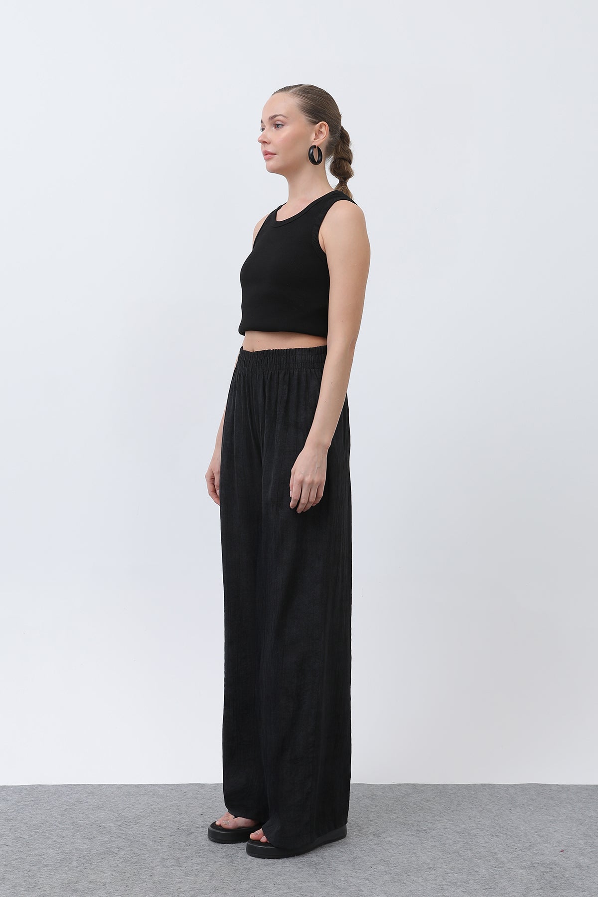 Kadın Beli Lastikli Bol Pantolon - 18238PNT BLACK