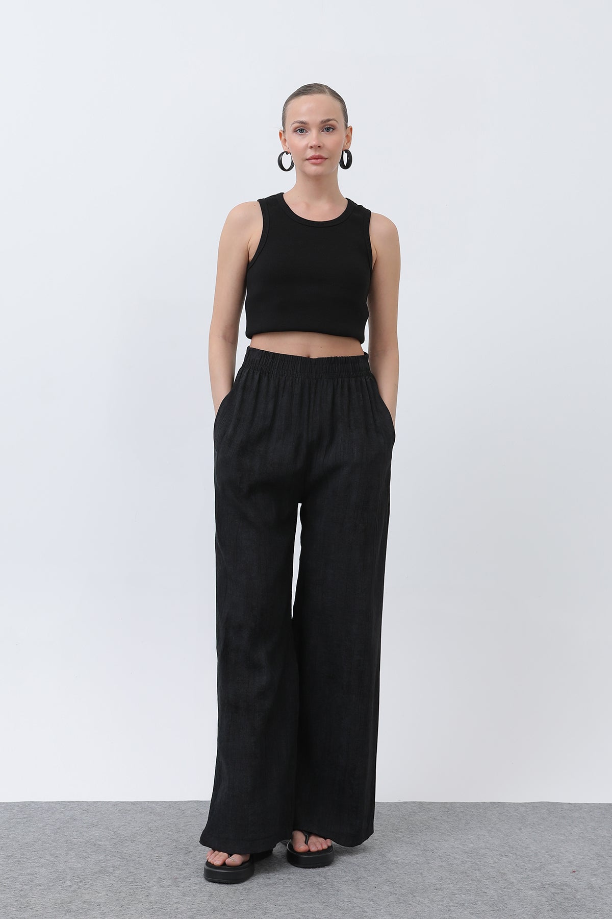Kadın Beli Lastikli Bol Pantolon - 18238PNT BLACK