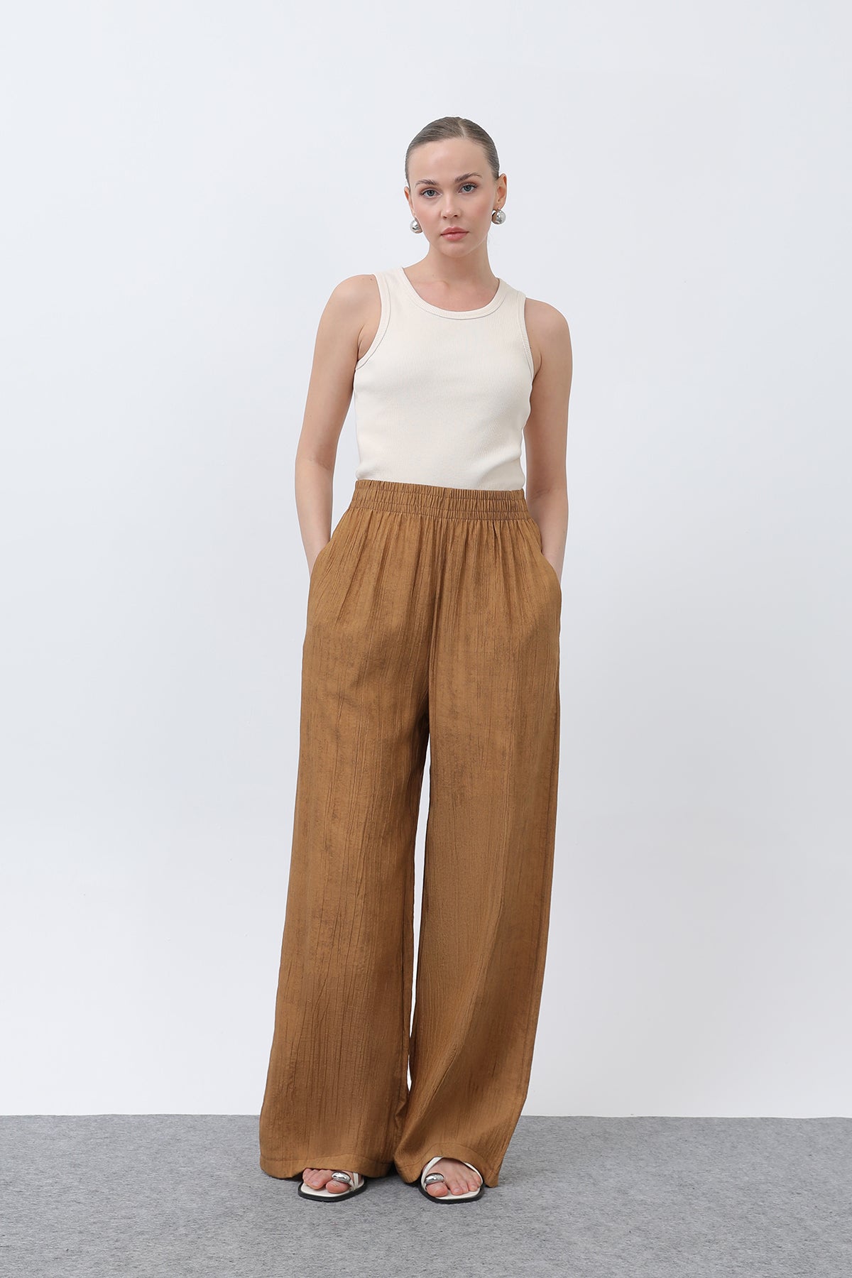 Kadın Beli Lastikli Bol Pantolon - 18238PNT CAMEL
