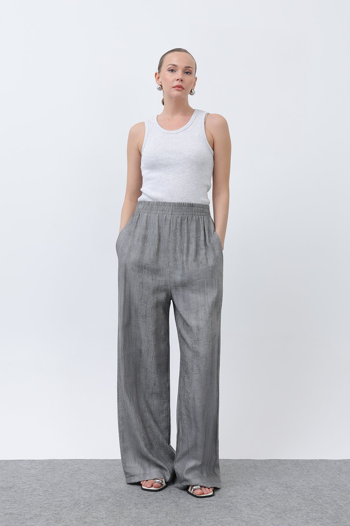 Kadın Beli Lastikli Bol Pantolon - 18238PNT GREY