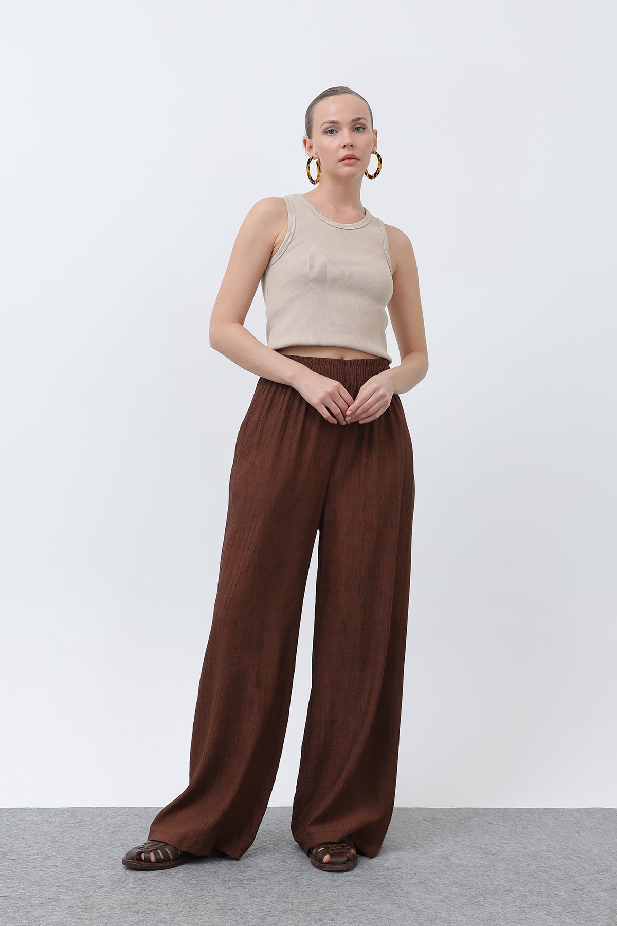 Kadın Beli Lastikli Bol Pantolon - 18238PNT BROWN