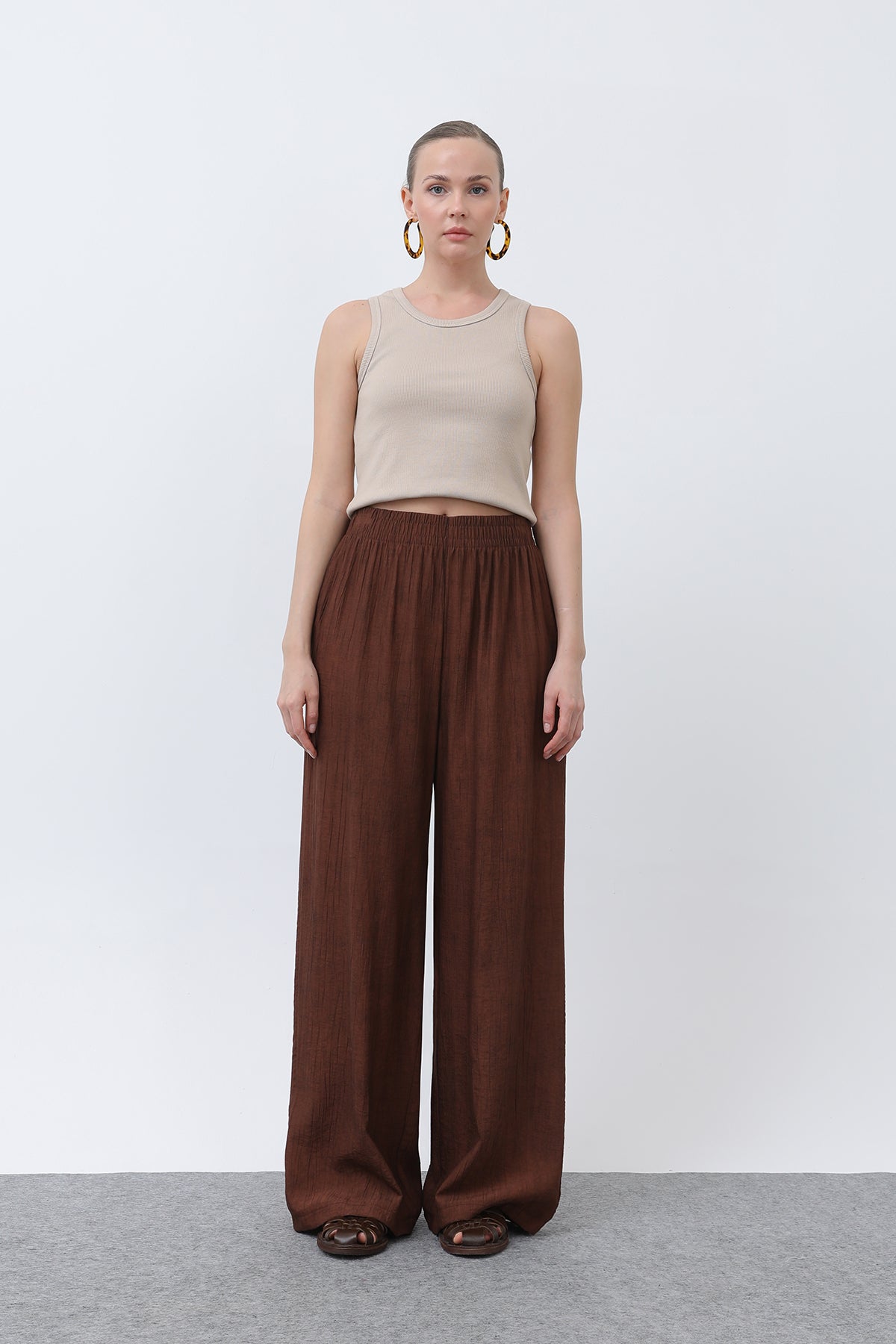 Kadın Beli Lastikli Bol Pantolon - 18238PNT BROWN