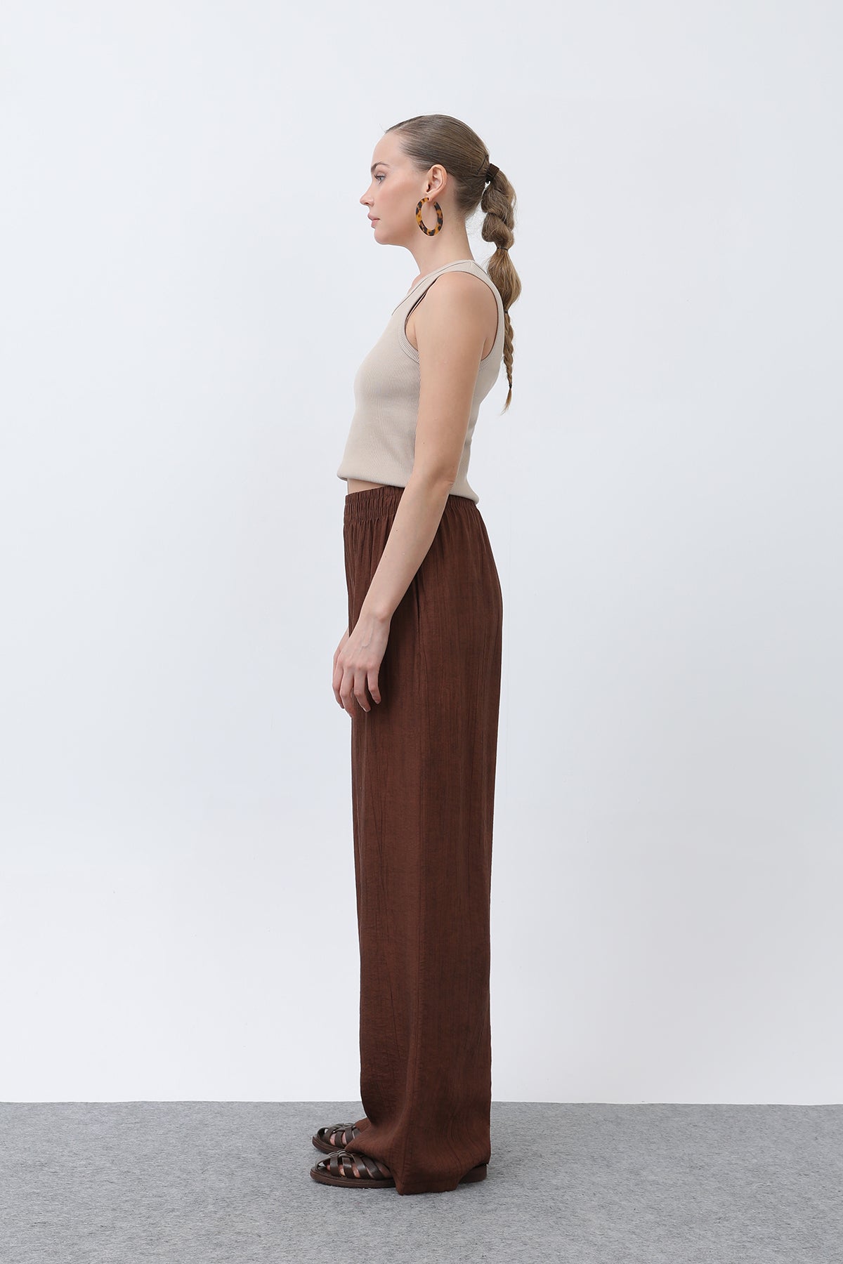 Kadın Beli Lastikli Bol Pantolon - 18238PNT BROWN