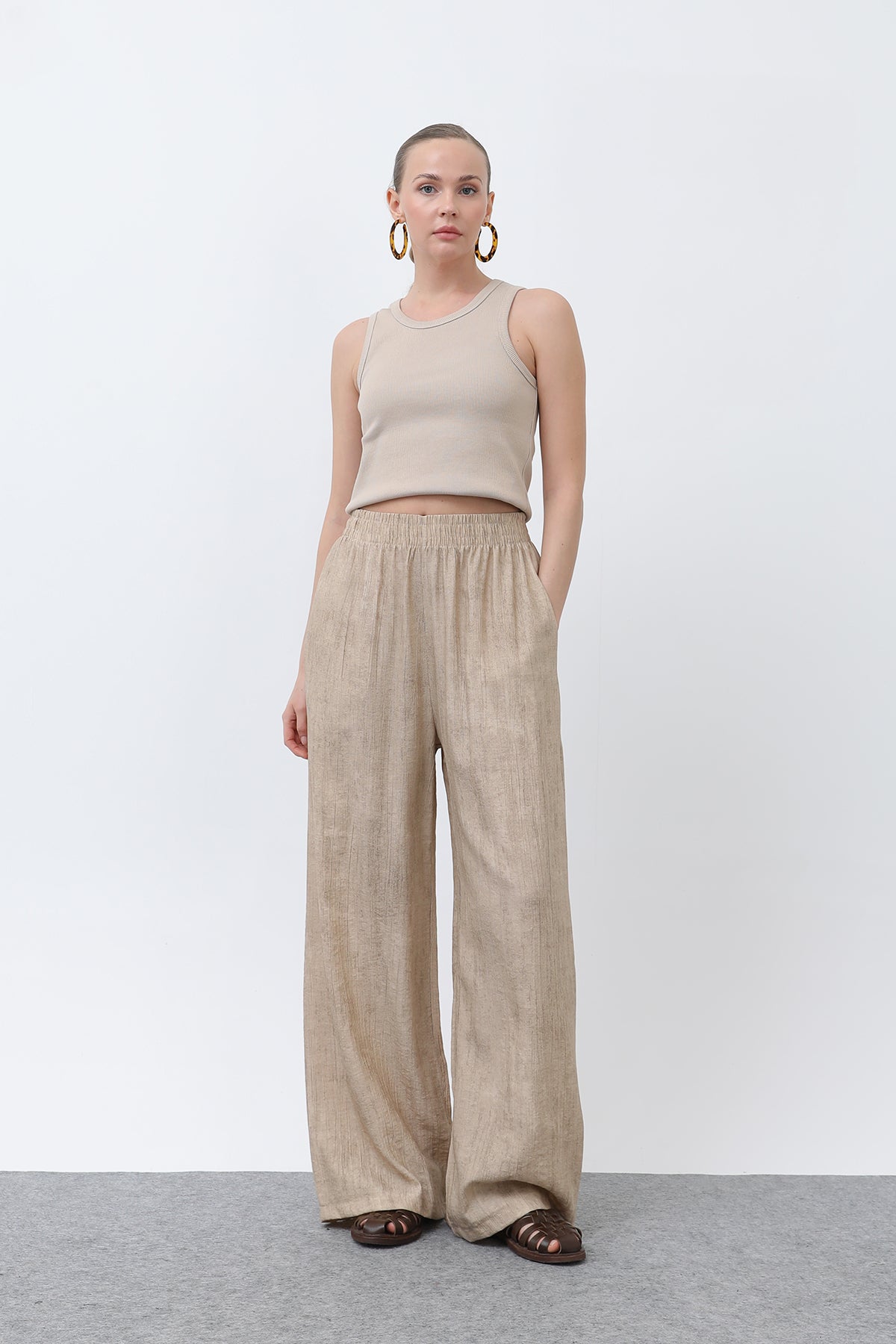 Kadın Beli Lastikli Bol Pantolon - 18238PNT BEIGE