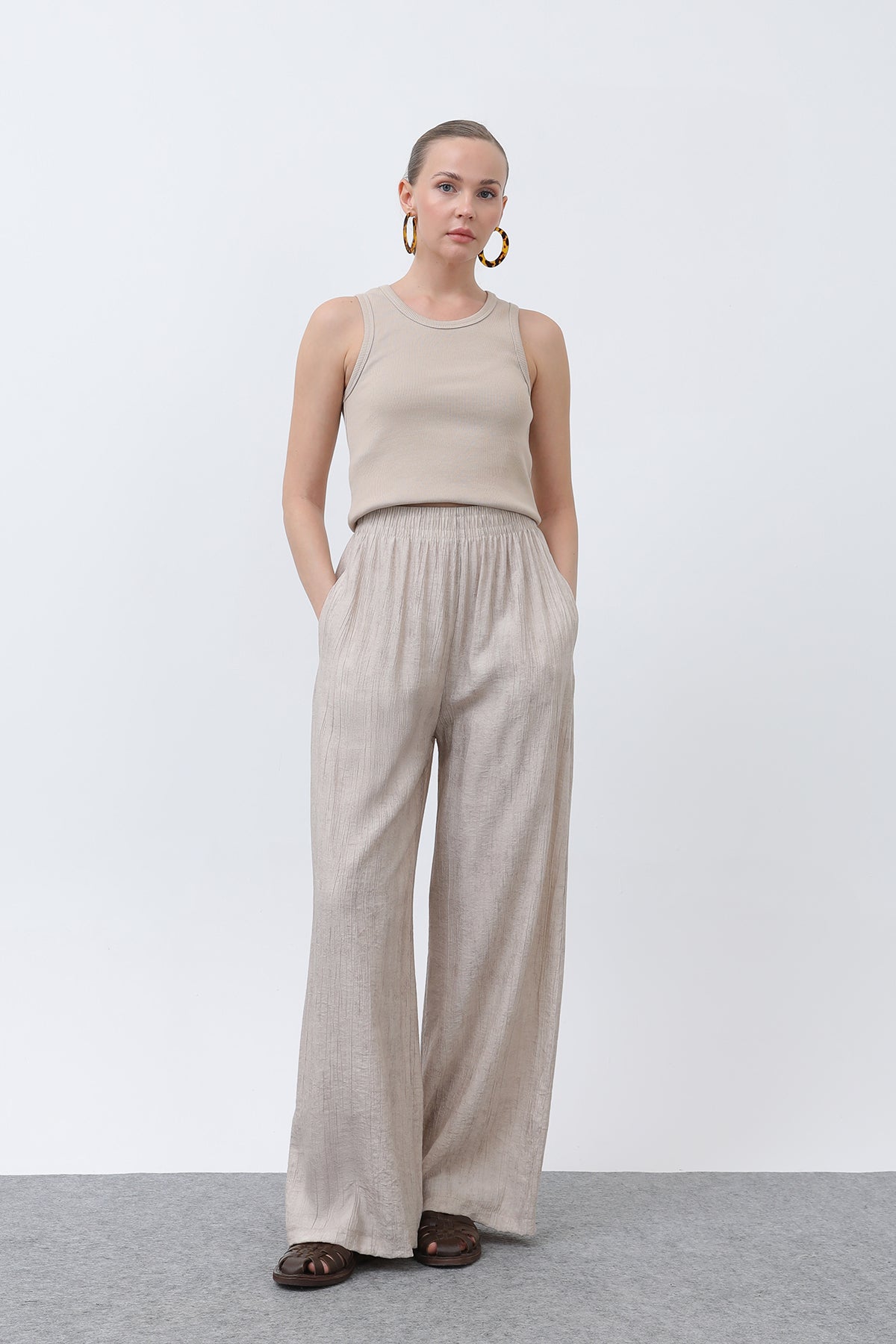 Kadın Beli Lastikli Bol Pantolon - 18238PNT STONE