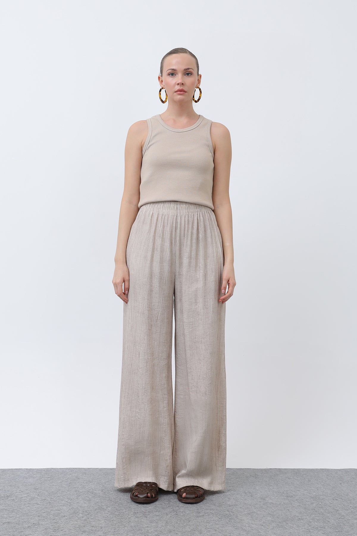 Kadın Beli Lastikli Bol Pantolon - 18238PNT STONE