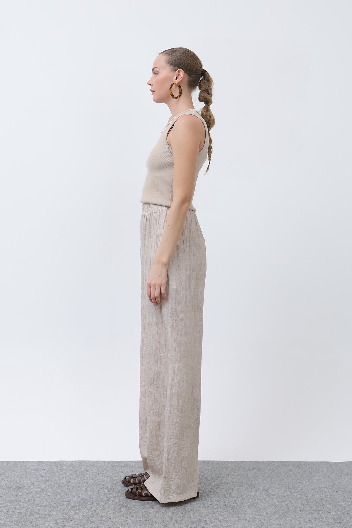 Kadın Beli Lastikli Bol Pantolon - 18238PNT STONE