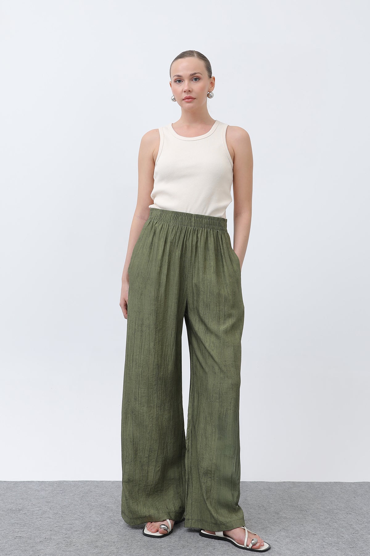 Kadın Beli Lastikli Bol Pantolon - 18238PNT KHAKI