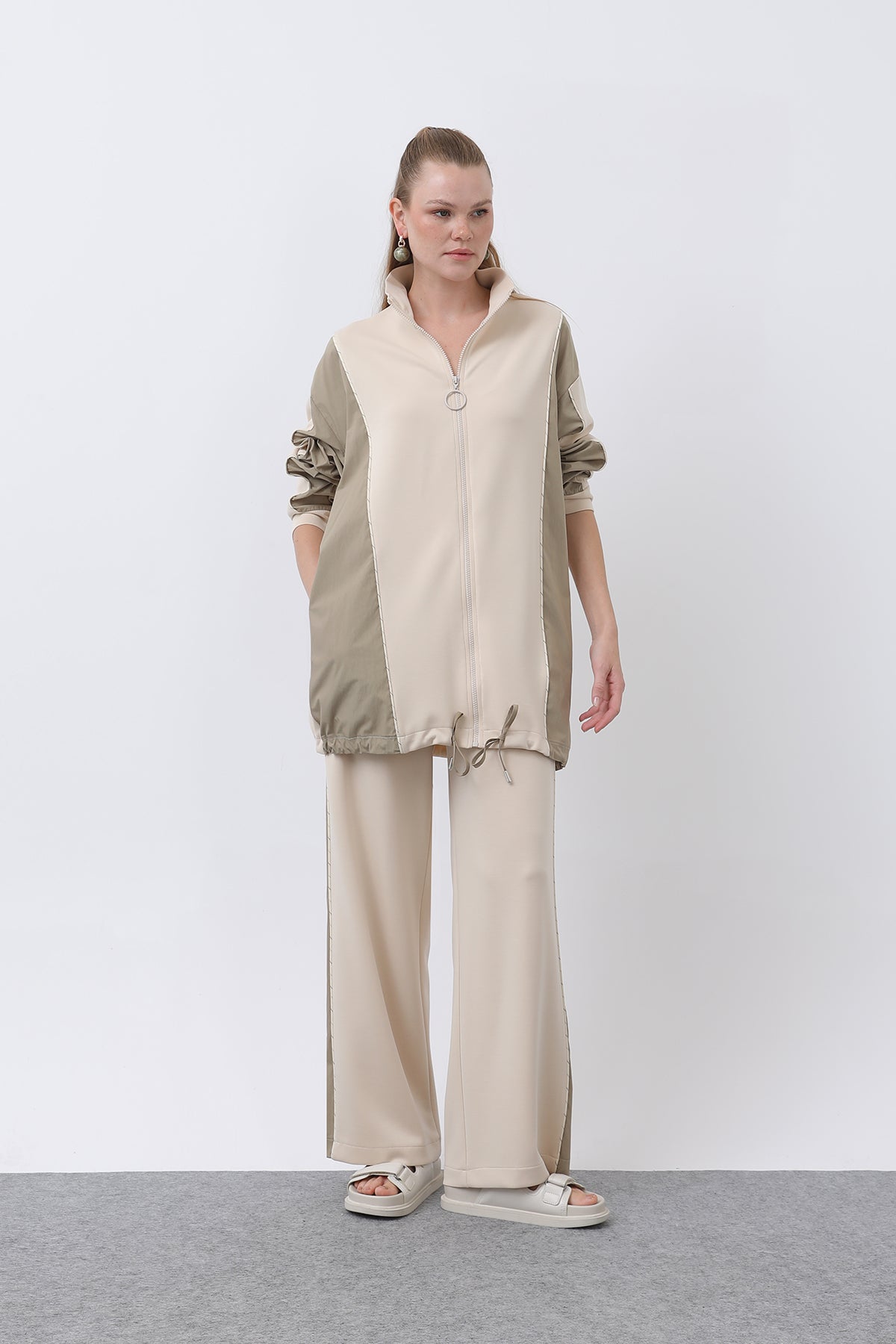 Kadın Fermuarlı Ara Biyeli Takım - 20601TKS BEIGE-KHAKI