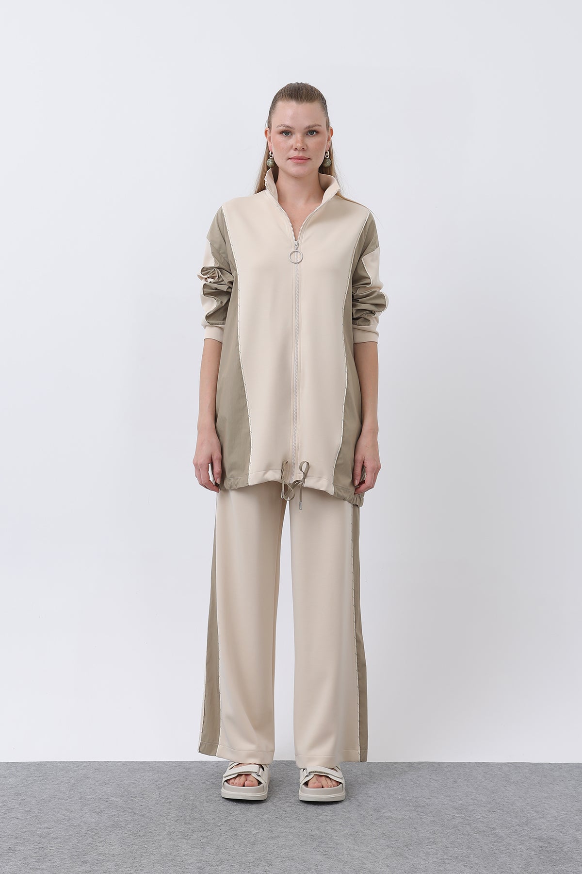 Kadın Fermuarlı Ara Biyeli Takım - 20601TKS BEIGE-KHAKI
