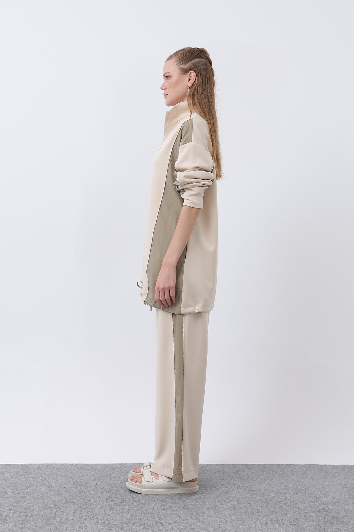 Kadın Fermuarlı Ara Biyeli Takım - 20601TKS BEIGE-KHAKI