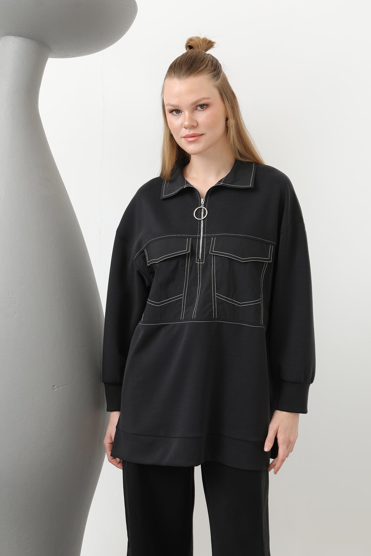 Kadın Dikiş Detaylı Cepli Takım - 20602TKS BLACK-BLACK
