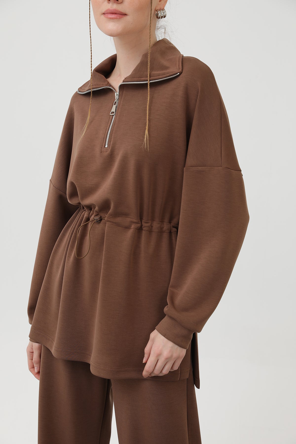 Kadın Beli Lastik Detaylı Yakası Fermuarlı Takım - 20608TKM BROWN