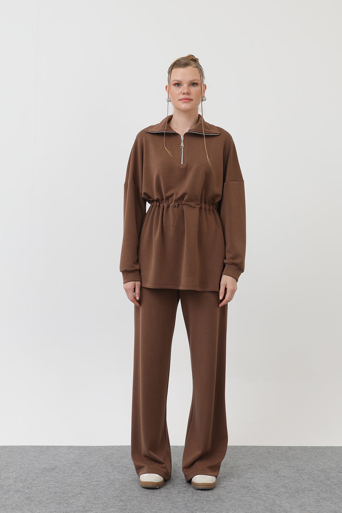 Kadın Beli Lastik Detaylı Yakası Fermuarlı Takım - 20608TKM BROWN
