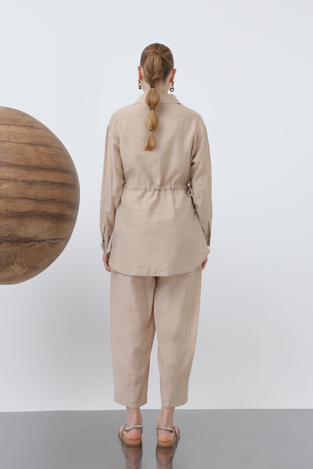 Kadın Beli Büzgülü Gizli Patlı Pantolonlu Takım - 20610TKS BEIGE