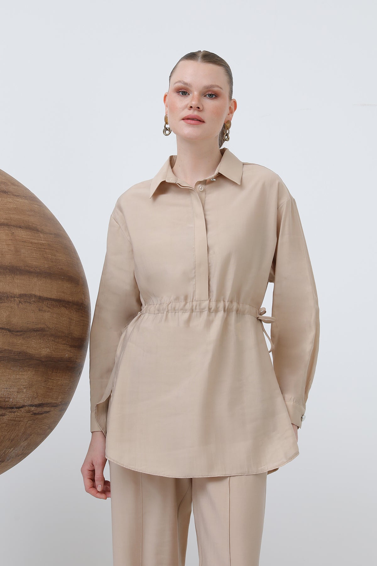 Kadın Beli Büzgülü Gizli Patlı Pantolonlu Takım - 20610TKS BEIGE