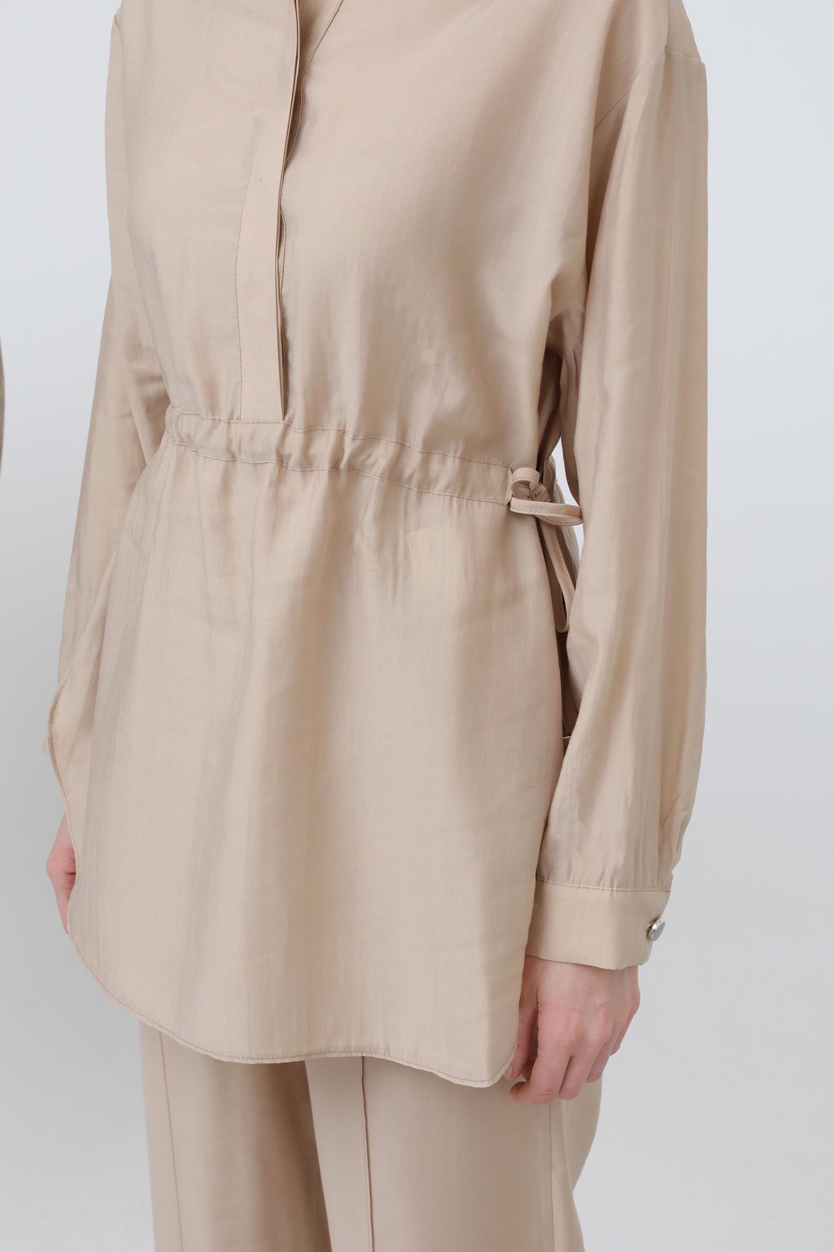 Kadın Beli Büzgülü Gizli Patlı Pantolonlu Takım - 20610TKS BEIGE
