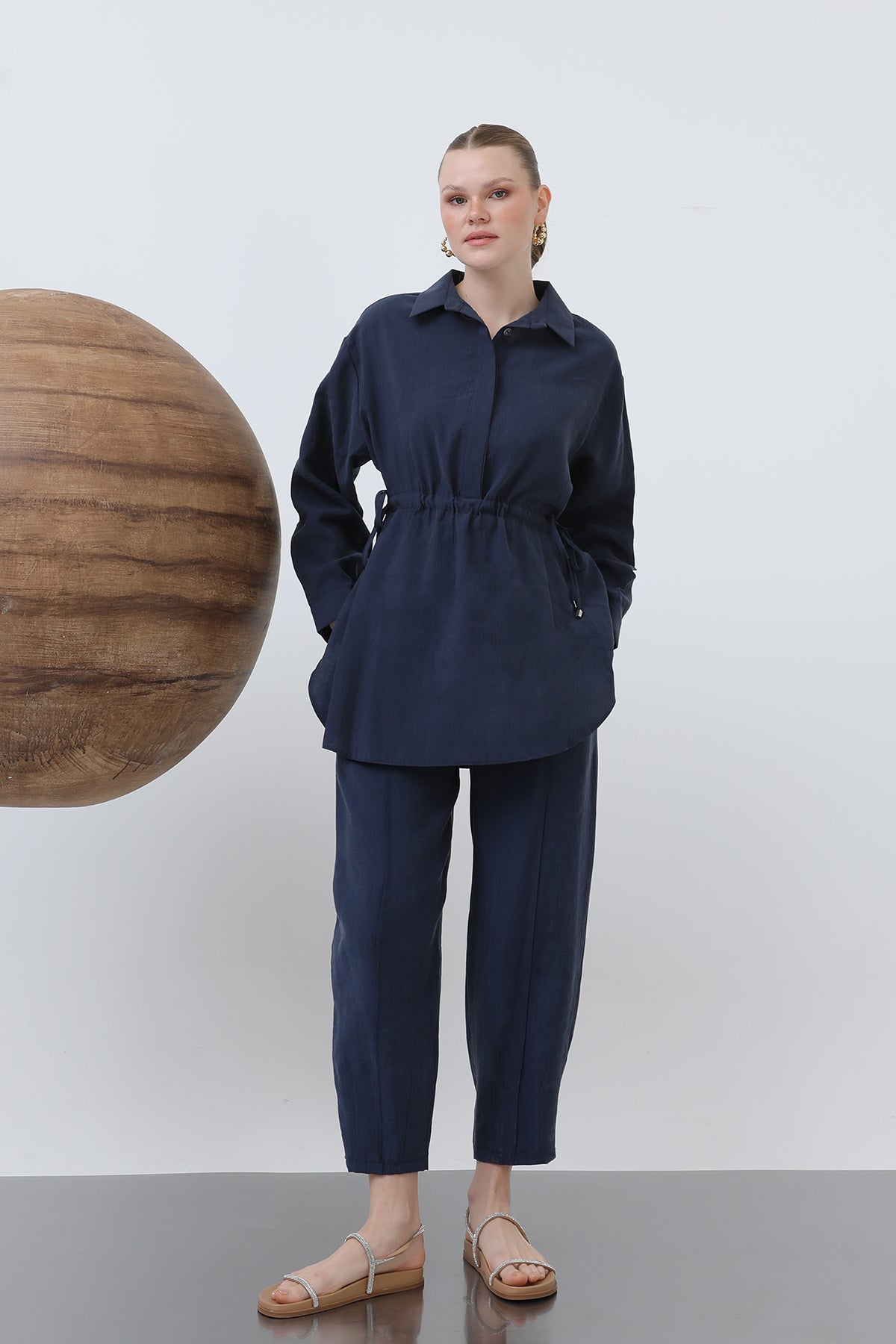 Kadın Beli Büzgülü Gizli Patlı Pantolonlu Takım - 20610TKS NAVY