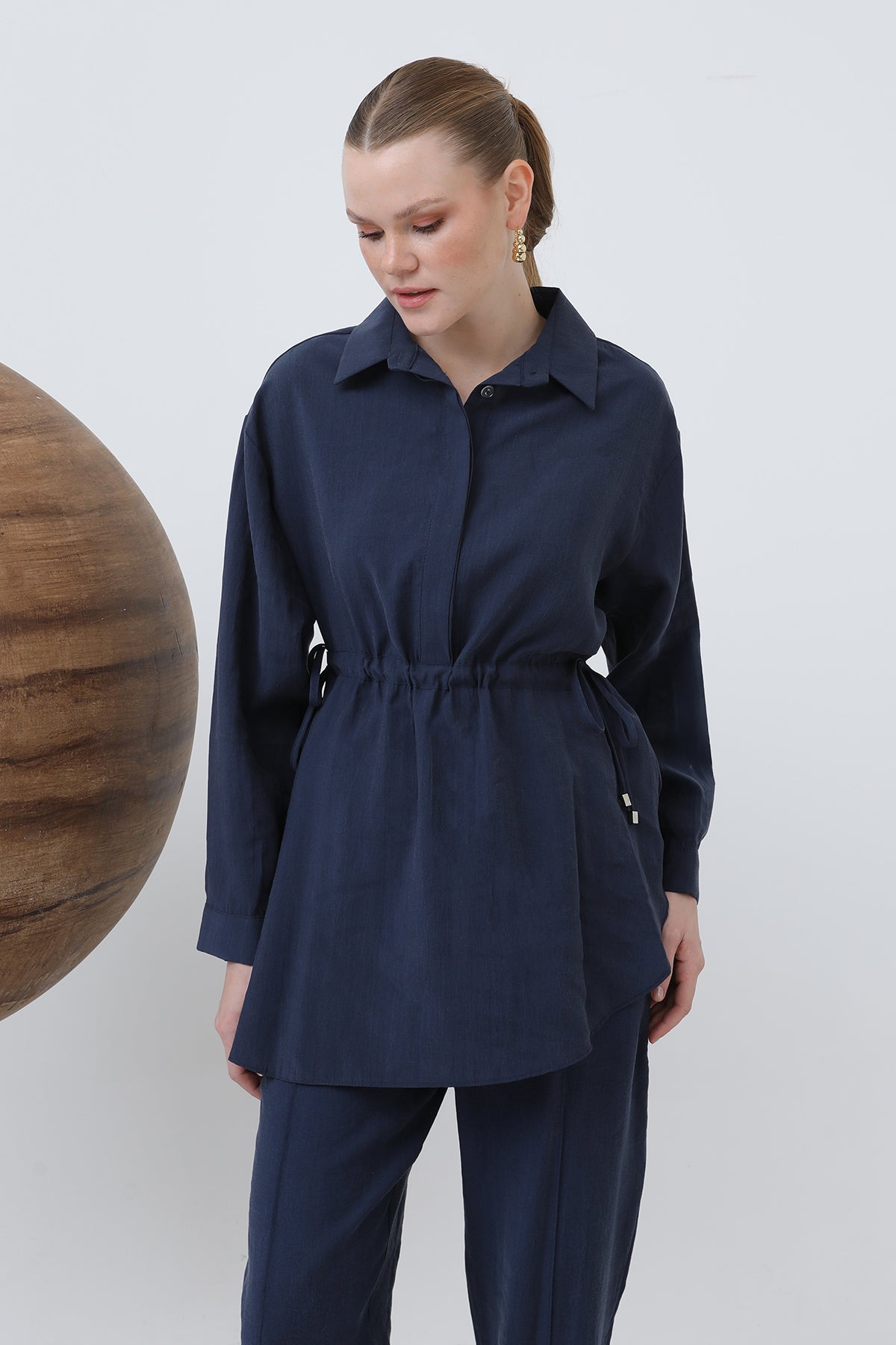 Kadın Beli Büzgülü Gizli Patlı Pantolonlu Takım - 20610TKS NAVY
