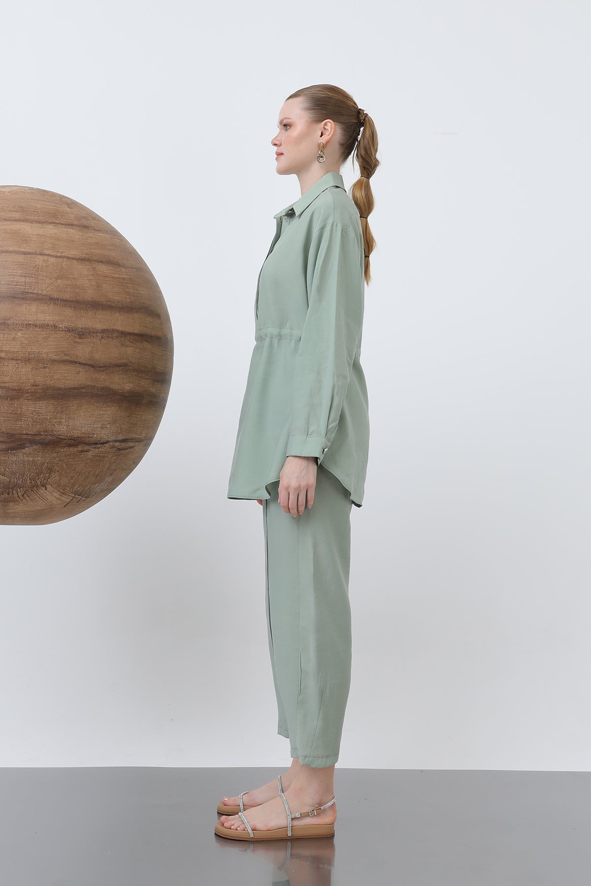 Kadın Beli Büzgülü Gizli Patlı Pantolonlu Takım - 20610TKS ALMOND GREEN