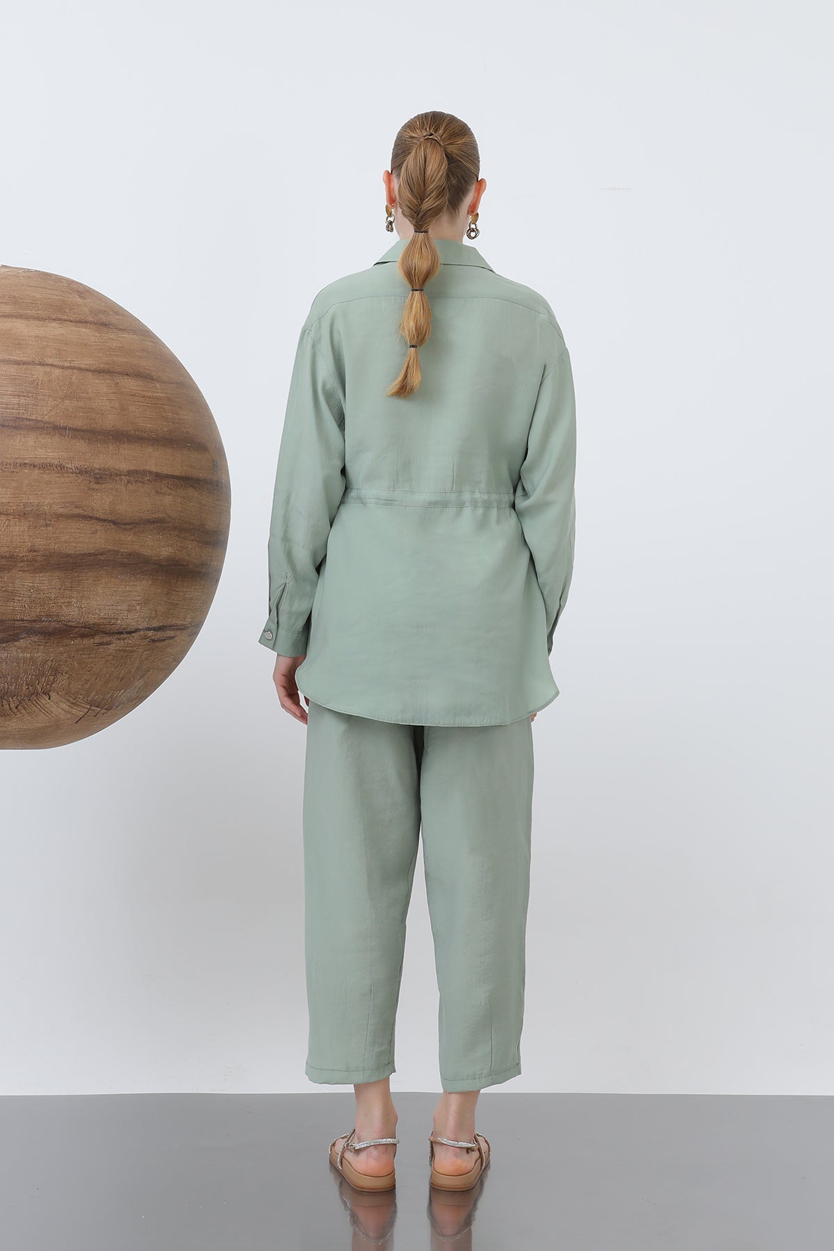 Kadın Beli Büzgülü Gizli Patlı Pantolonlu Takım - 20610TKS ALMOND GREEN