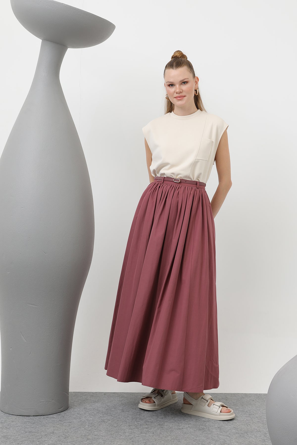 Kadın Kemerli Uzun Etek - 20611ETK ROSE