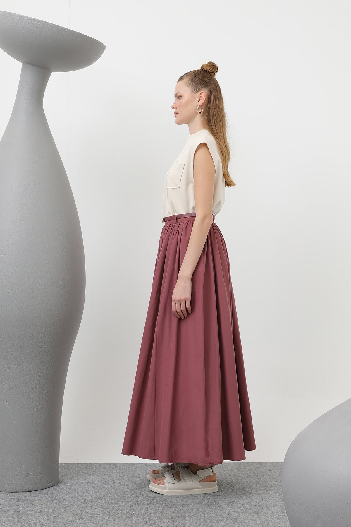 Kadın Kemerli Uzun Etek - 20611ETK ROSE