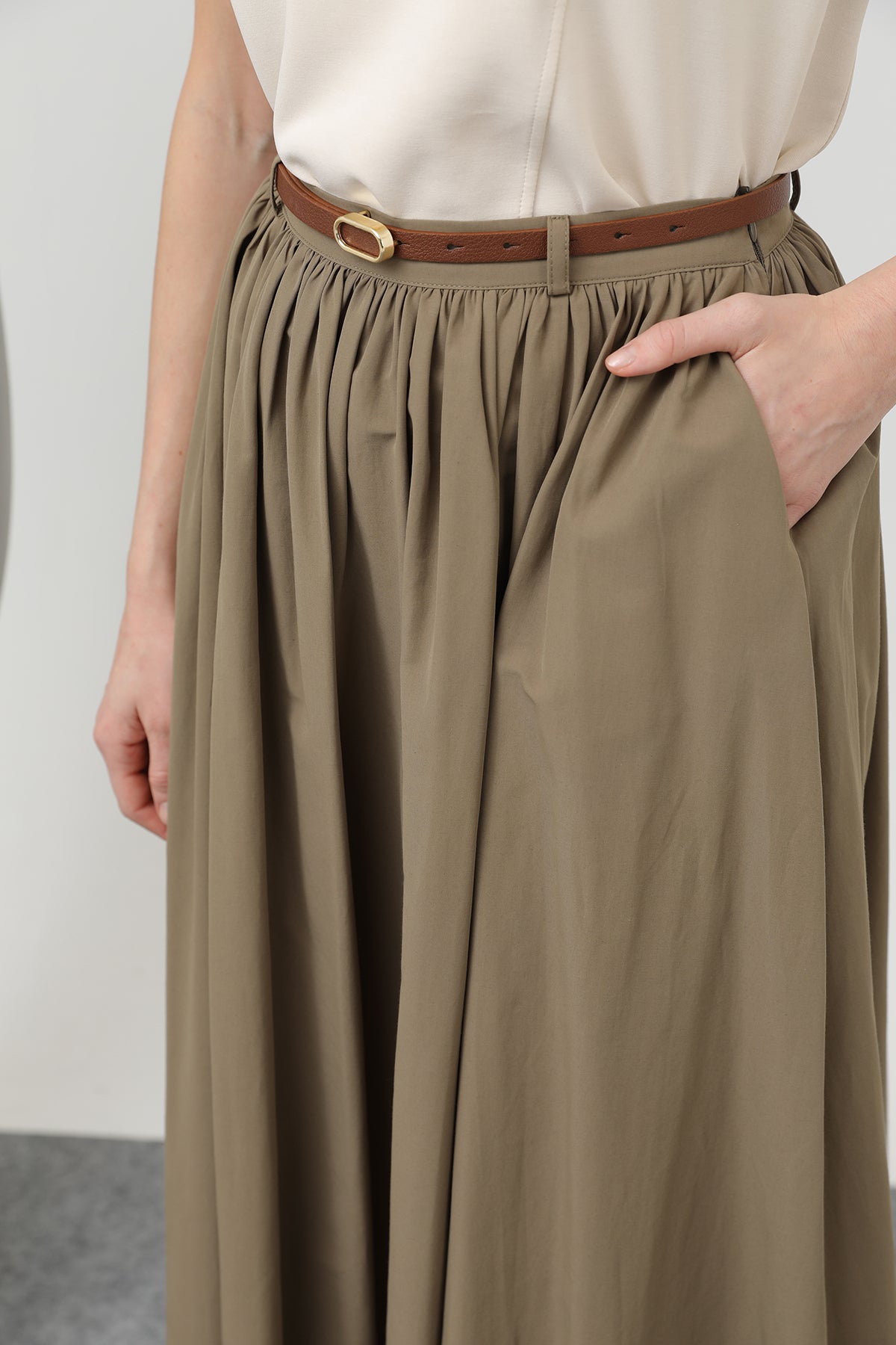 Kadın Kemerli Uzun Etek - 20611ETK KHAKI
