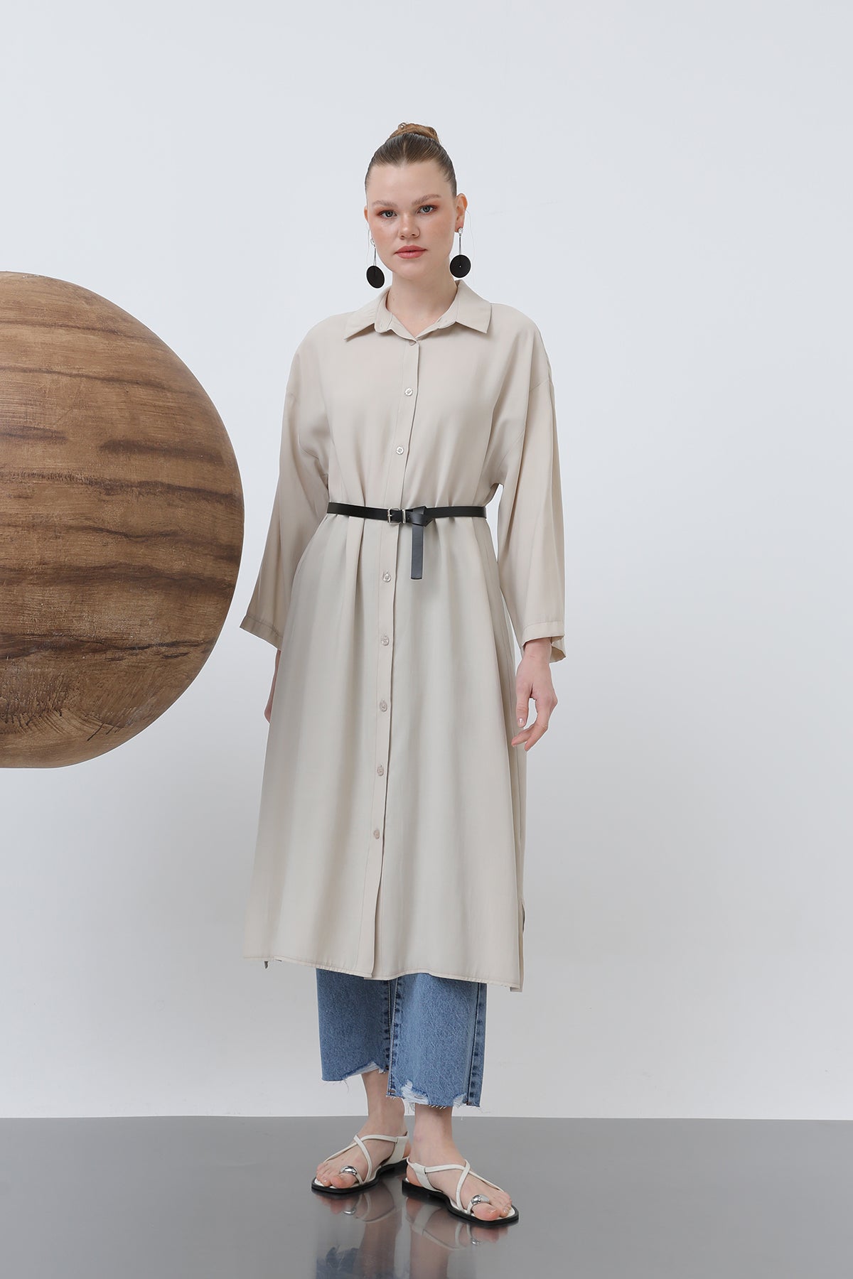 Kadın Uzun Kemer Detaylı Gömlek Elbise - 20629ELB BEIGE