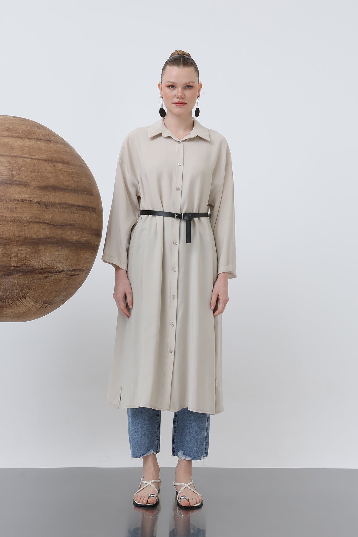 Kadın Uzun Kemer Detaylı Gömlek Elbise - 20629ELB BEIGE