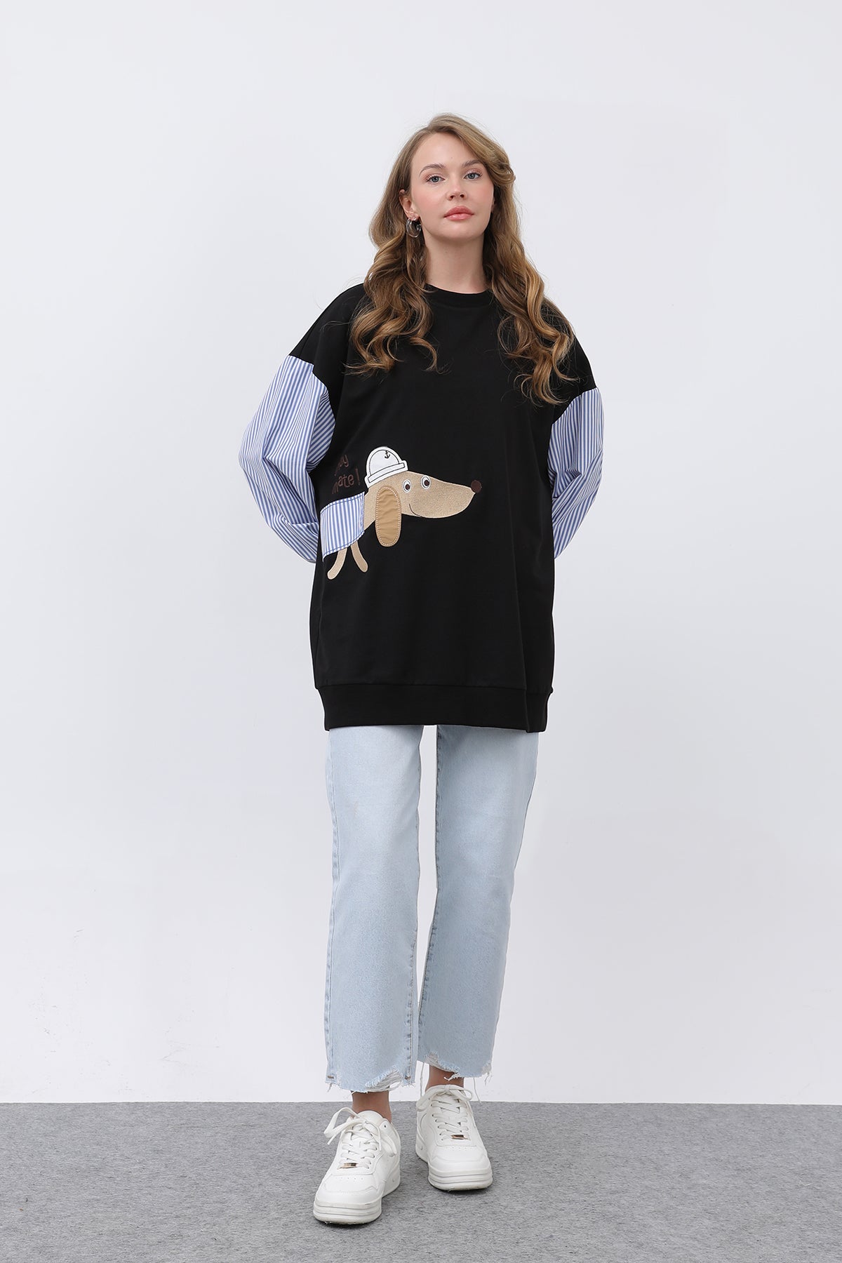 Kadın Şapkalı Köpek Nakışlı Garnili Sweatshirt - 20632SWT BLACK
