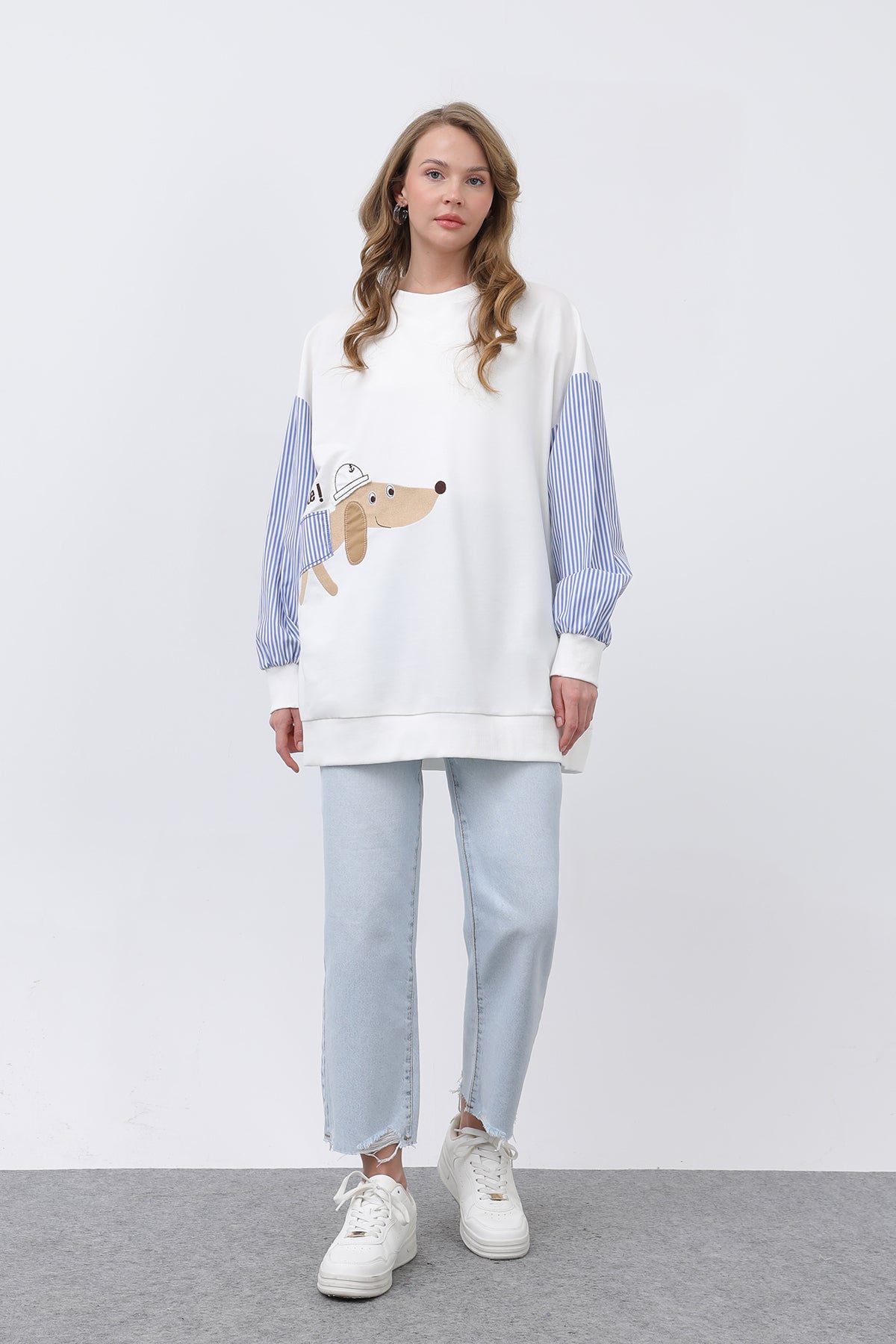 Kadın Şapkalı Köpek Nakışlı Garnili Sweatshirt - 20632SWT ECRU