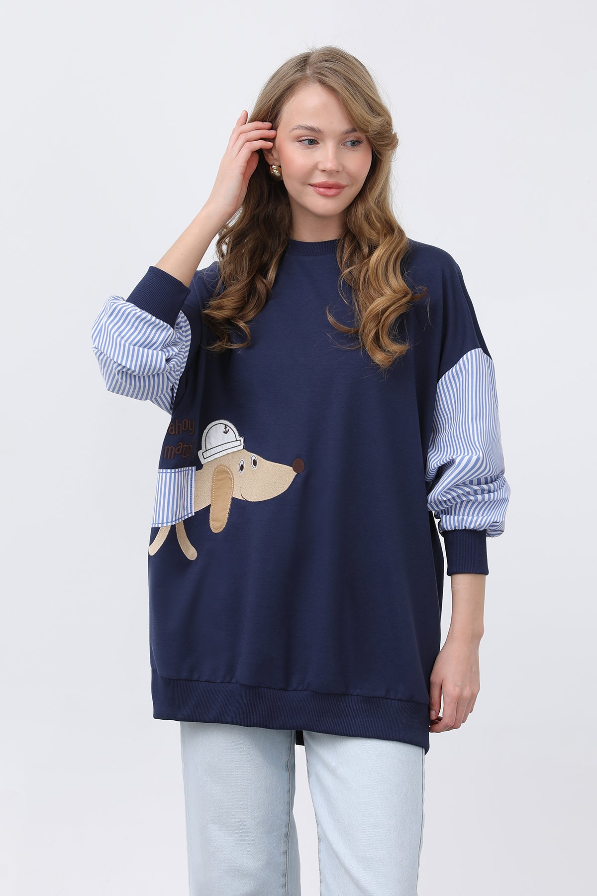 Kadın Şapkalı Köpek Nakışlı Garnili Sweatshirt - 20632SWT NAVY