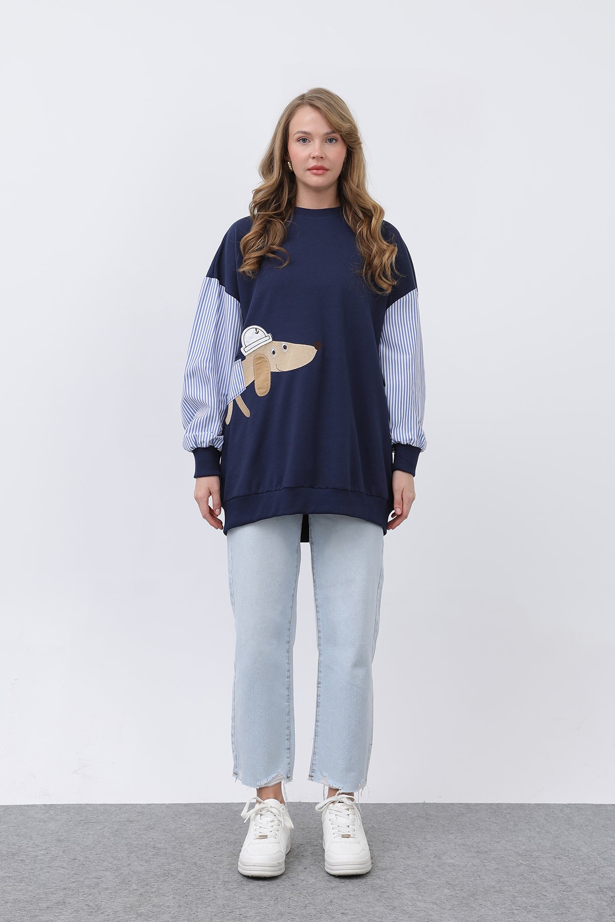 Kadın Şapkalı Köpek Nakışlı Garnili Sweatshirt - 20632SWT NAVY