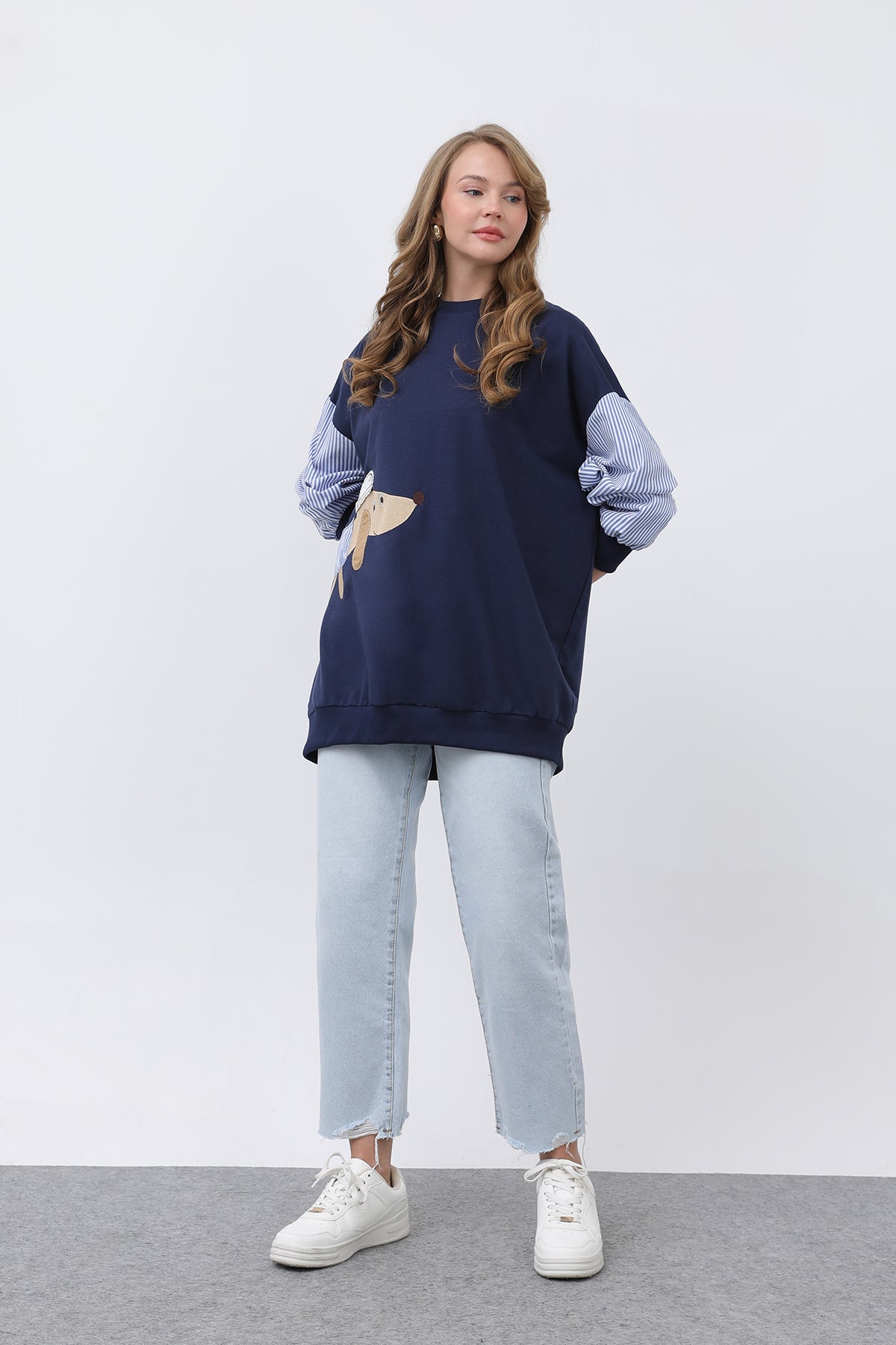 Kadın Şapkalı Köpek Nakışlı Garnili Sweatshirt - 20632SWT NAVY