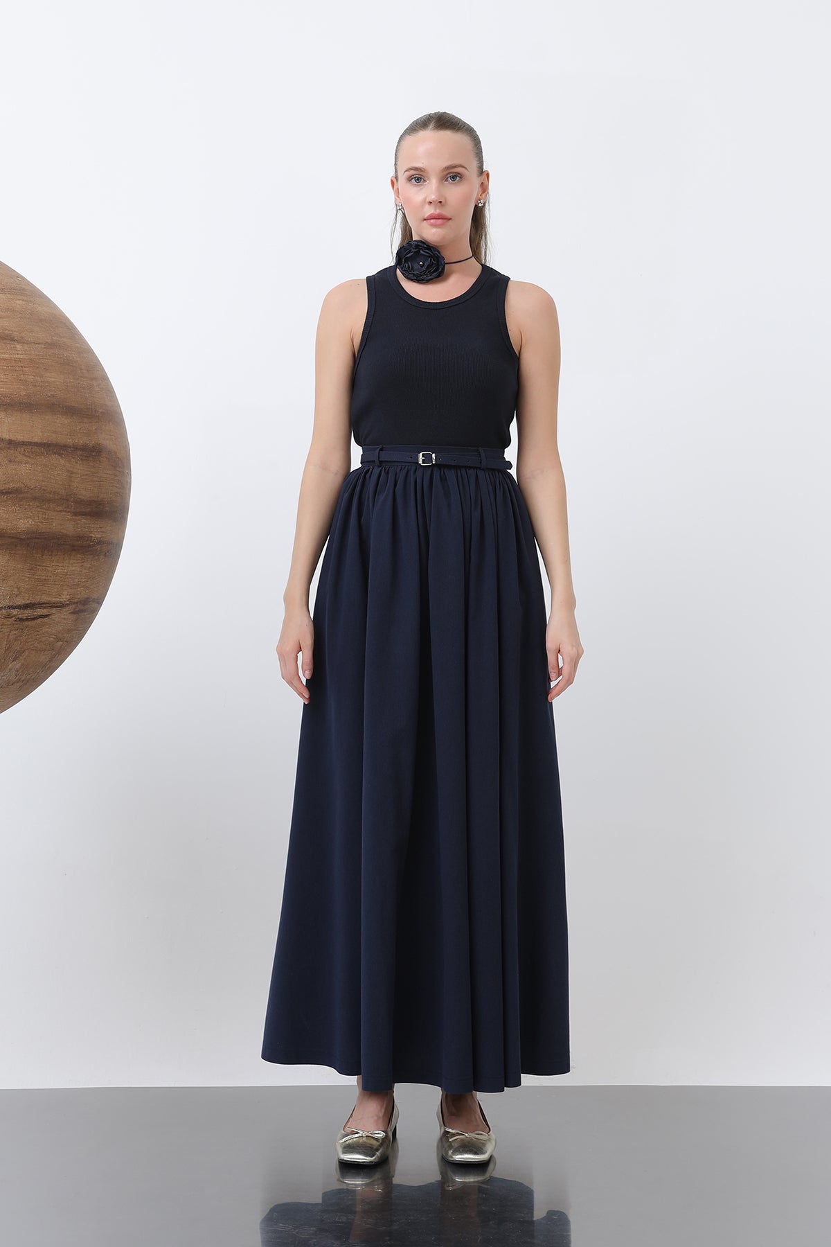 Kadın Belden Büzgülü Kemer Detaylı Denim Etek - 20649ETK NAVY