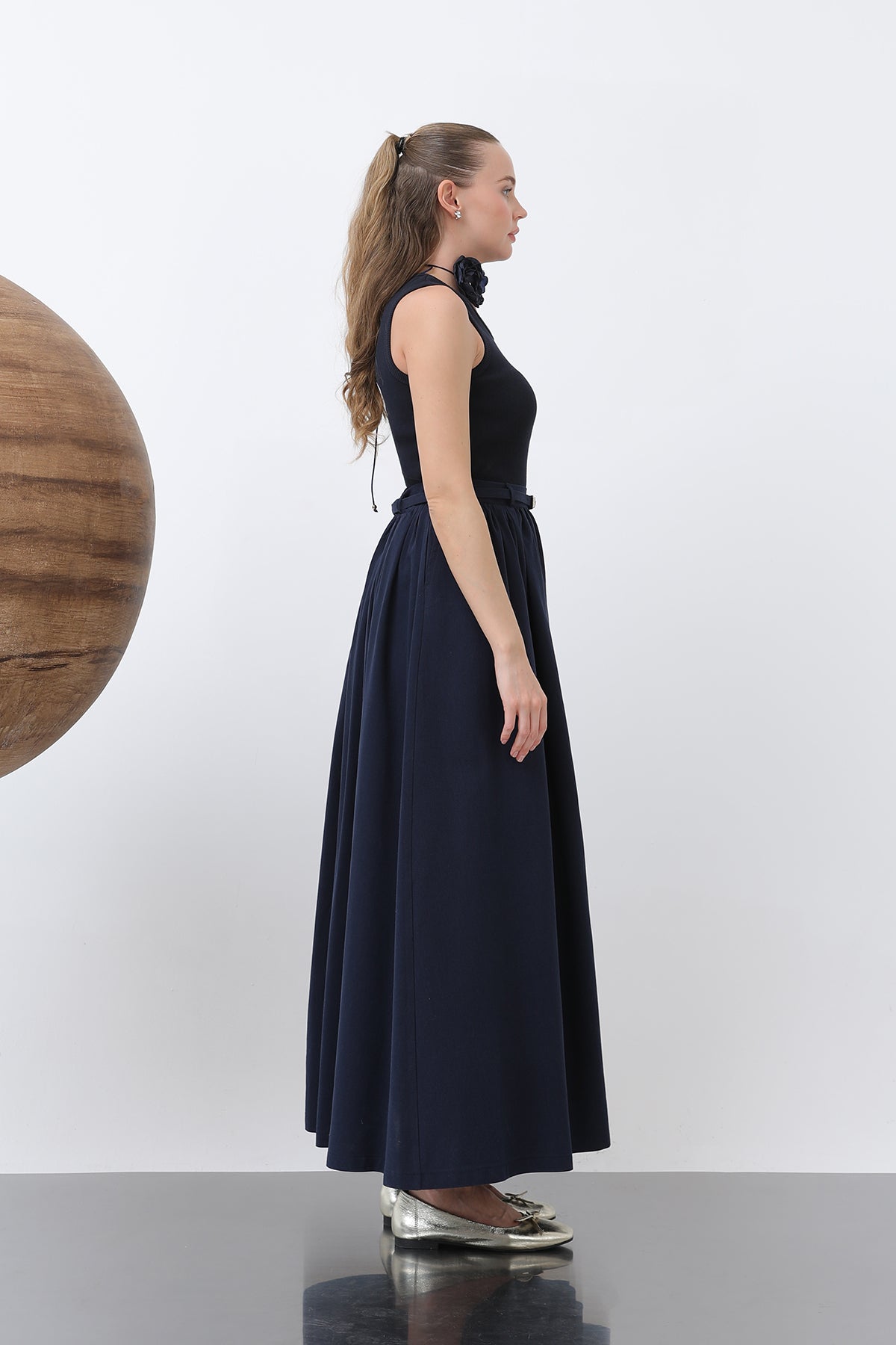 Kadın Belden Büzgülü Kemer Detaylı Denim Etek - 20649ETK NAVY