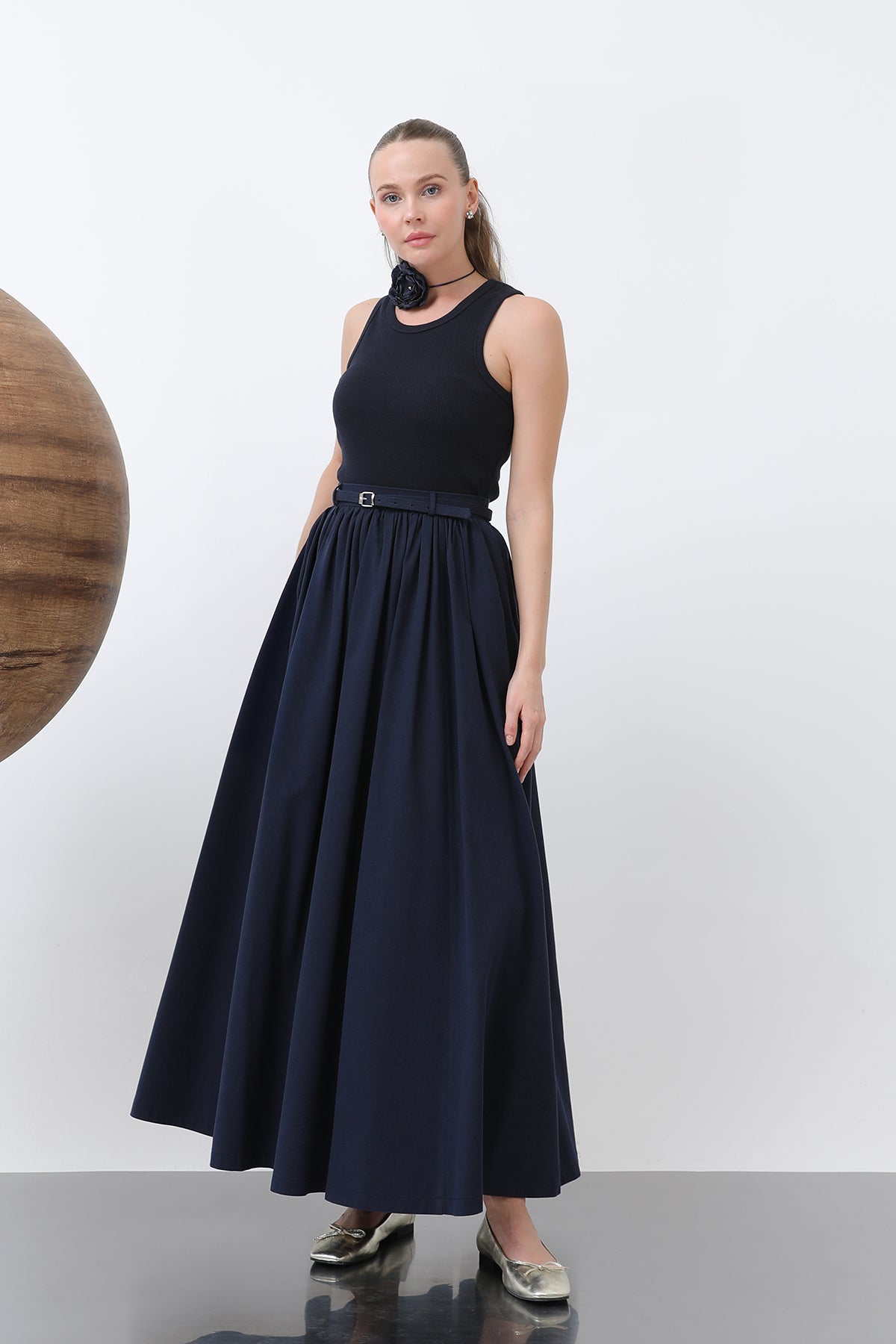 Kadın Belden Büzgülü Kemer Detaylı Denim Etek - 20649ETK NAVY